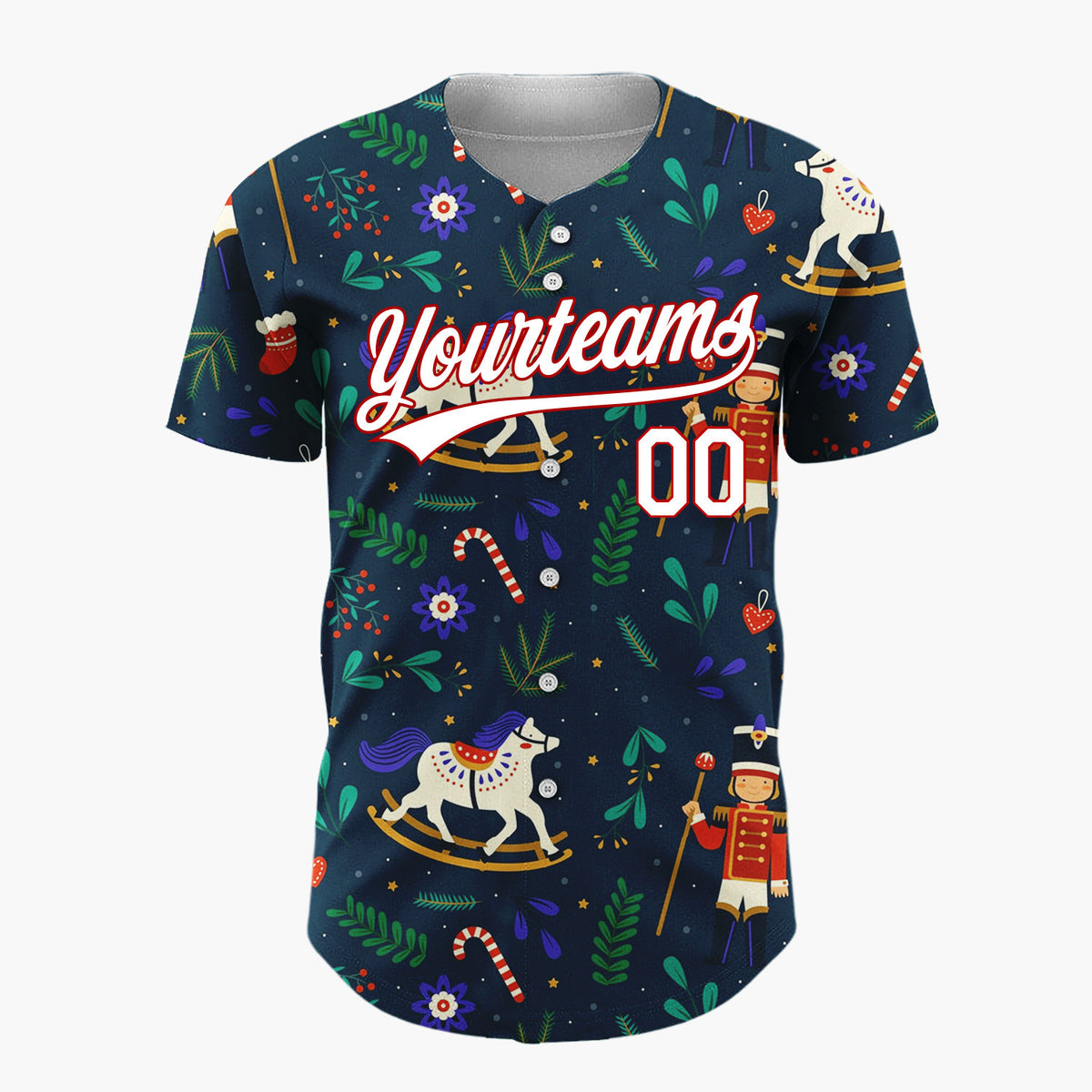 Custom Navy Red White Nutcrackers Rocking Horses And Foliage Christmas Folk Pattern Christmas Baseball Jersey