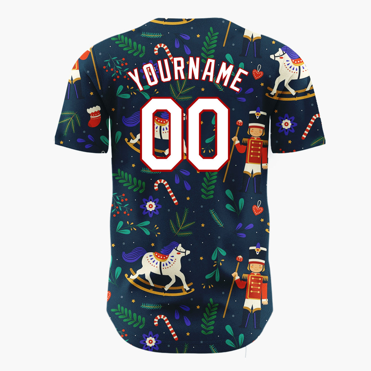 Custom Navy Red White Nutcrackers Rocking Horses And Foliage Christmas Folk Pattern Christmas Baseball Jersey