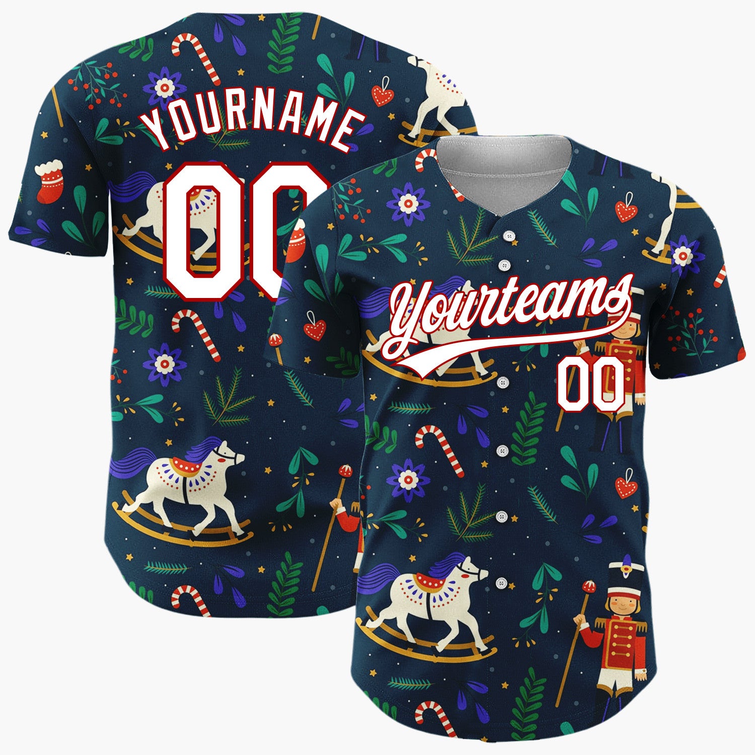 Custom Navy Red White Nutcrackers Rocking Horses And Foliage Christmas Folk Pattern Christmas Baseball Jersey