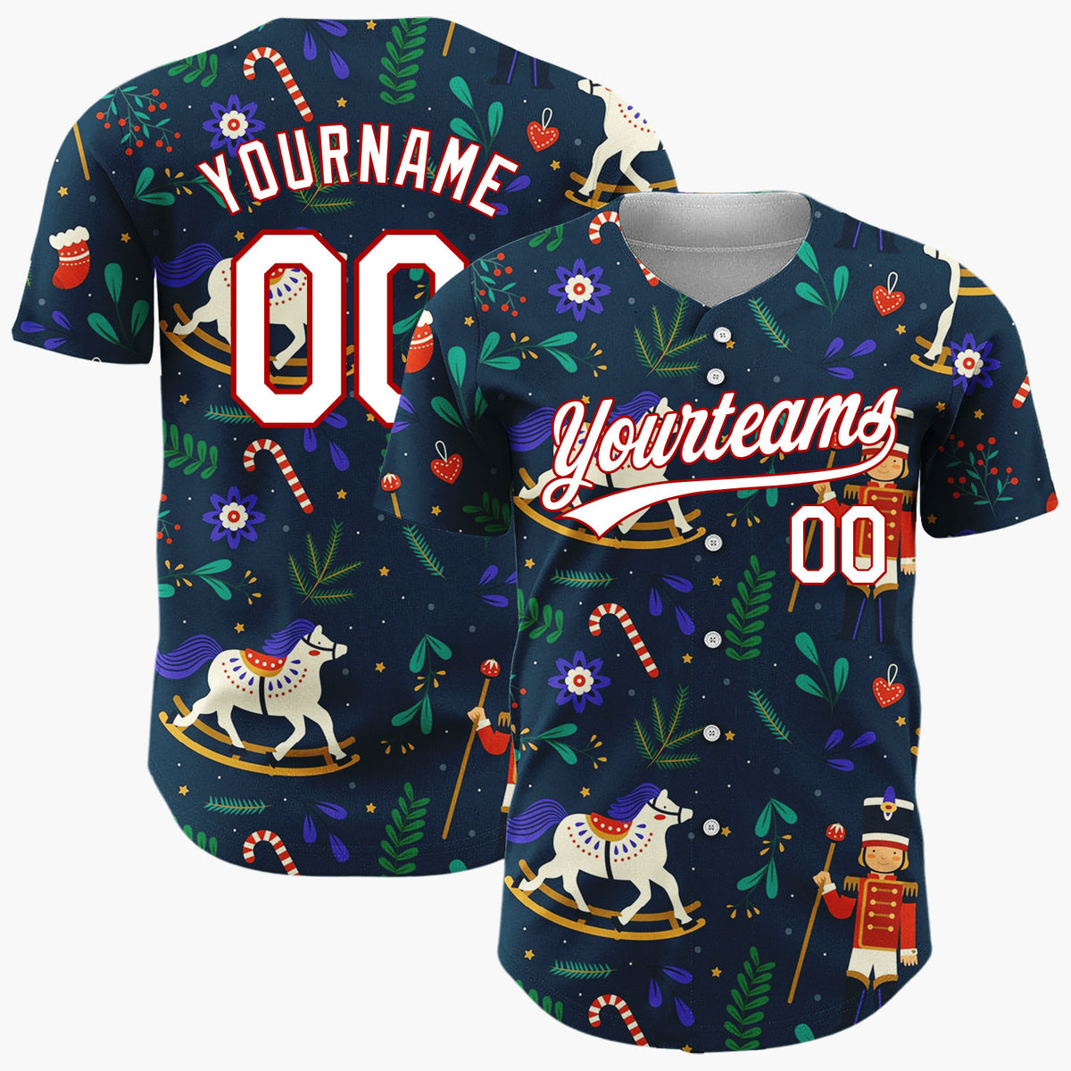 Custom Navy Red White Nutcrackers Rocking Horses And Foliage Christmas Folk Pattern Christmas Baseball Jersey