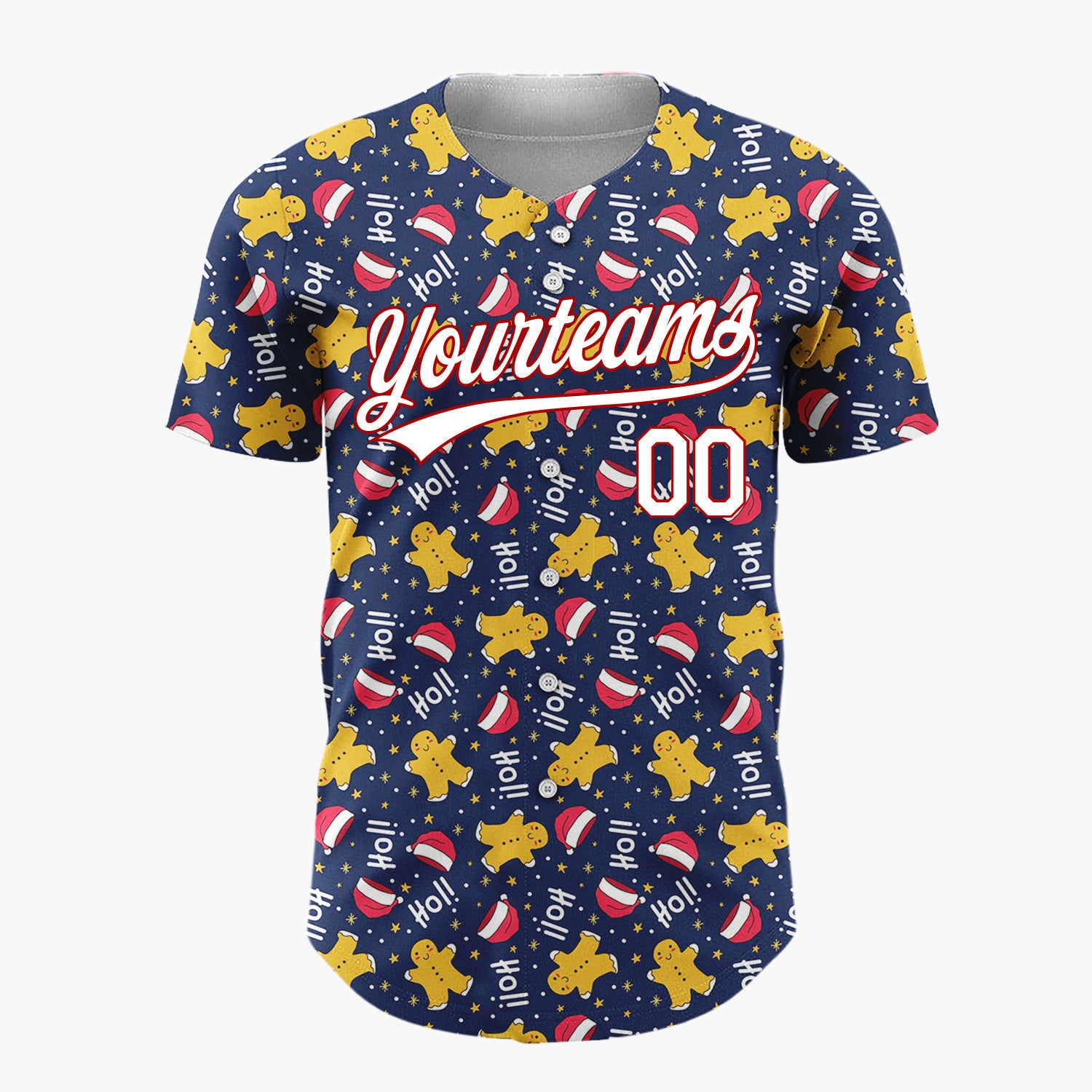 Custom Navy Red Yellow HoHoHo Gingerbread And Santa Hats Playful Holiday Pattern Christmas Baseball Jersey