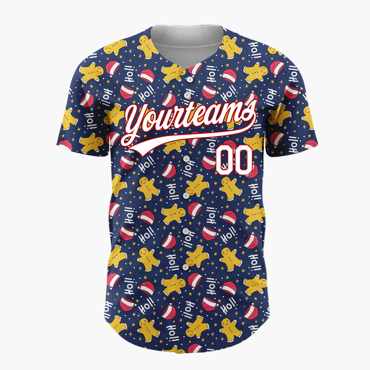 Custom Navy Red Yellow HoHoHo Gingerbread And Santa Hats Playful Holiday Pattern Christmas Baseball Jersey