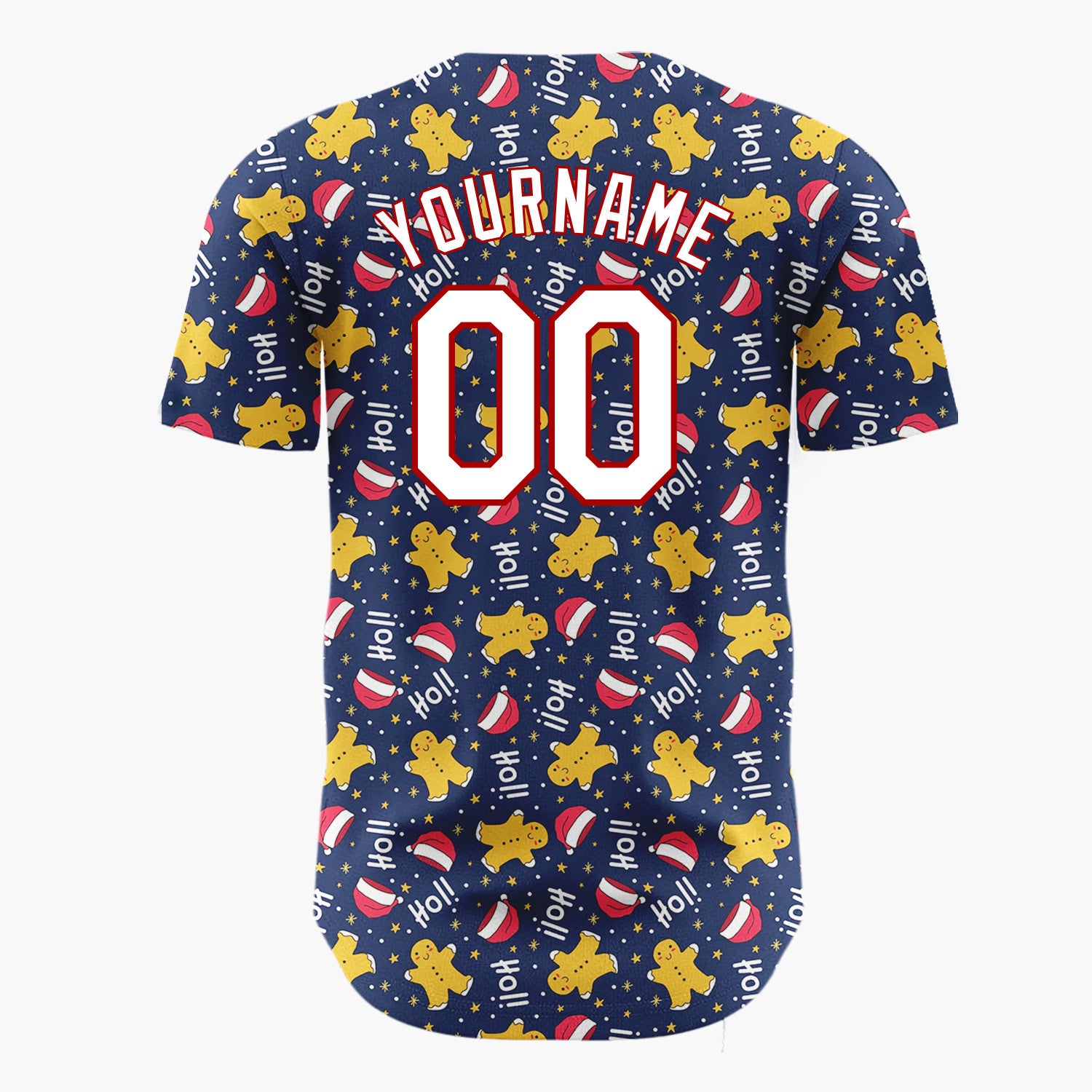 Custom Navy Red Yellow HoHoHo Gingerbread And Santa Hats Playful Holiday Pattern Christmas Baseball Jersey