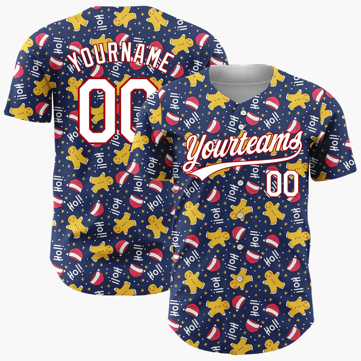 Custom Navy Red Yellow HoHoHo Gingerbread And Santa Hats Playful Holiday Pattern Christmas Baseball Jersey