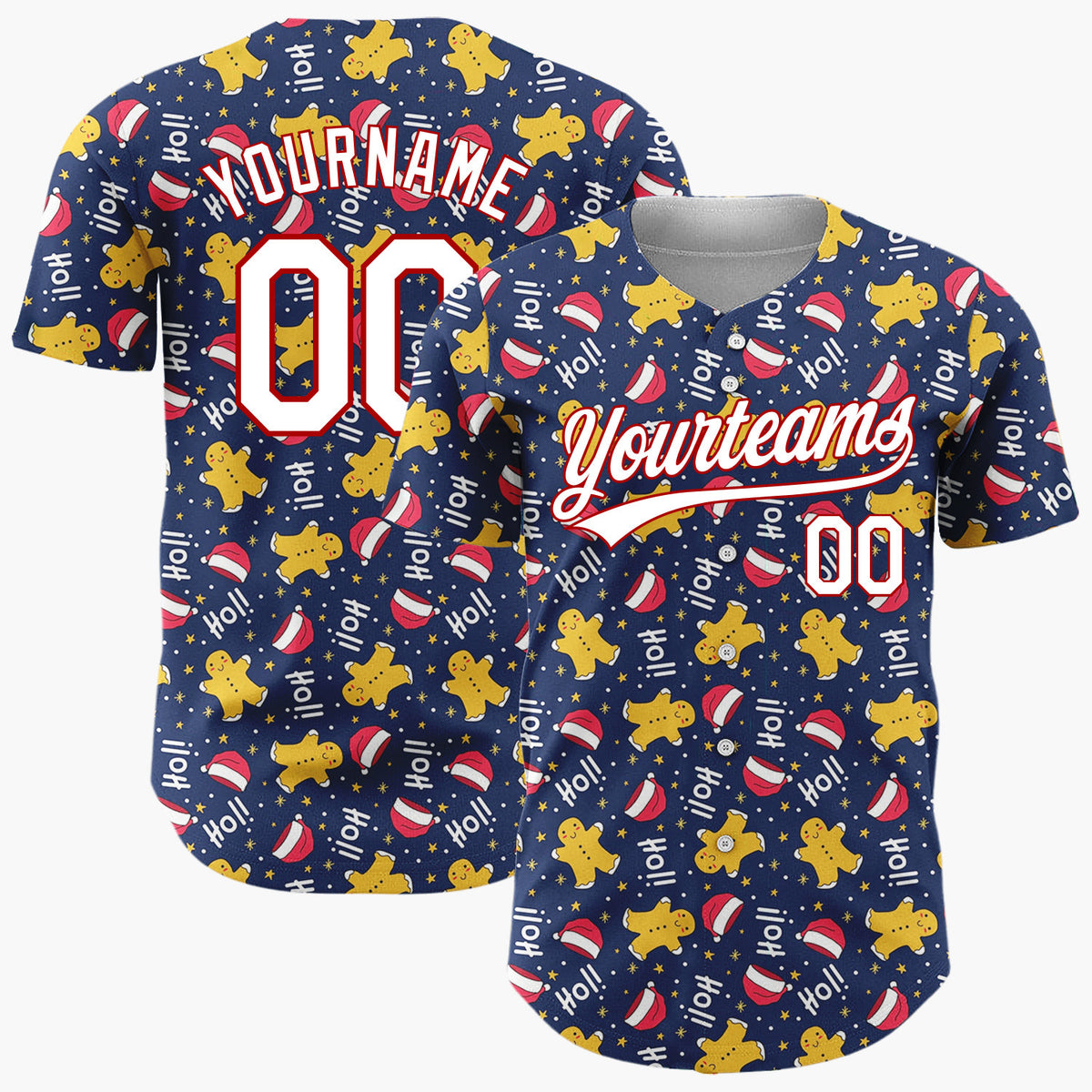 Custom Navy Red Yellow HoHoHo Gingerbread And Santa Hats Playful Holiday Pattern Christmas Baseball Jersey
