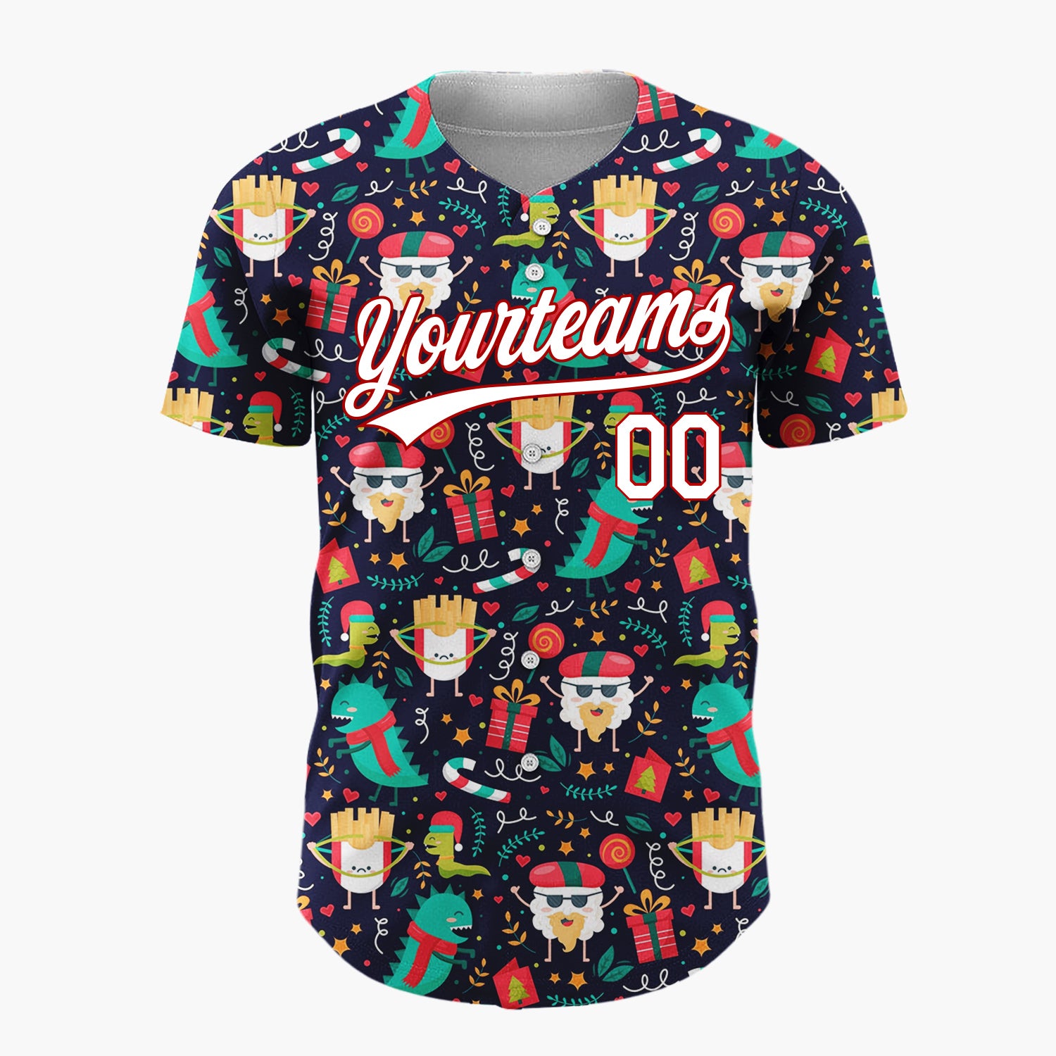 Custom Navy Multicolor Dinosaur Fry Santa Pop Culture Christmas Baseball Jersey