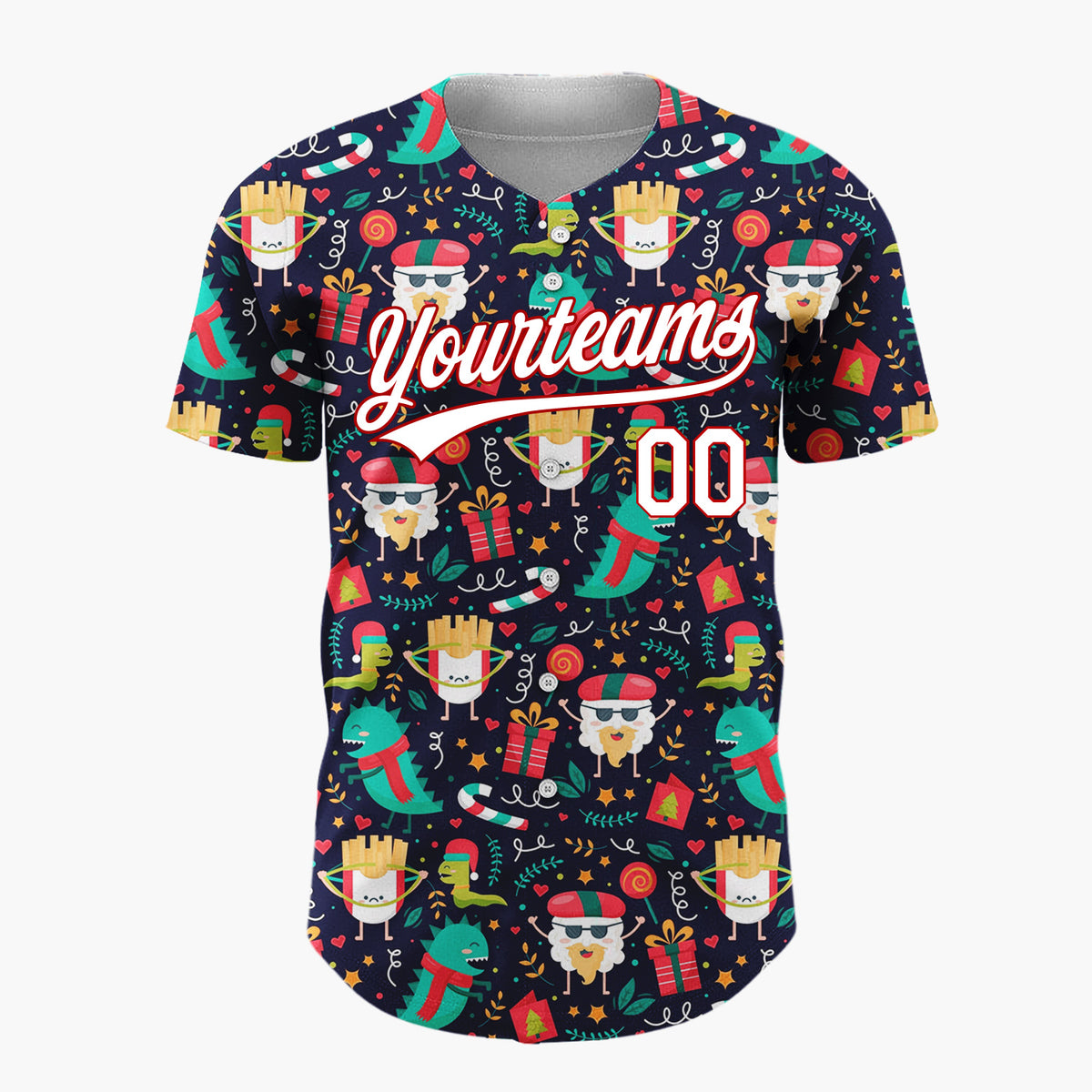Custom Navy Multicolor Dinosaur Fry Santa Pop Culture Christmas Baseball Jersey