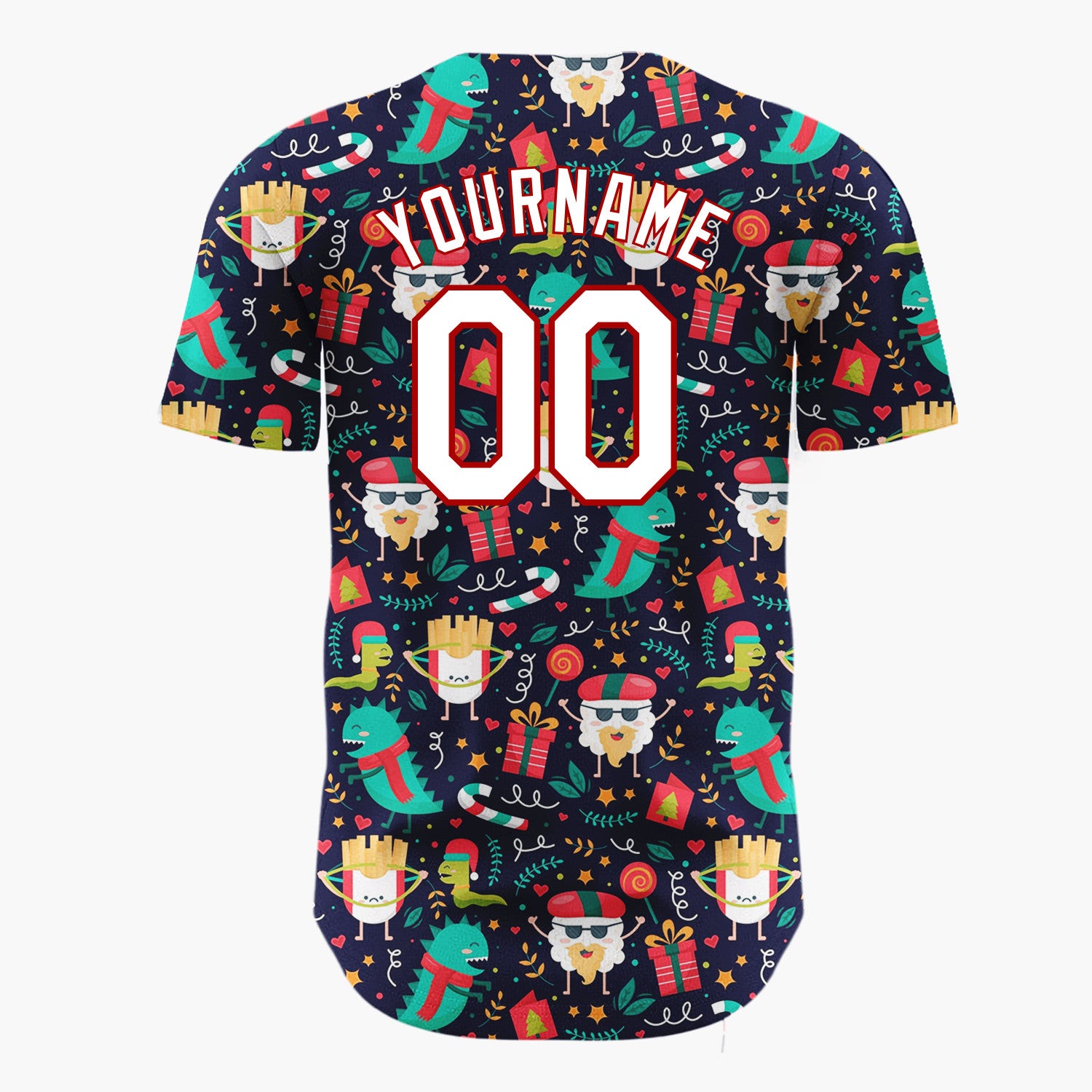 Custom Navy Multicolor Dinosaur Fry Santa Pop Culture Christmas Baseball Jersey
