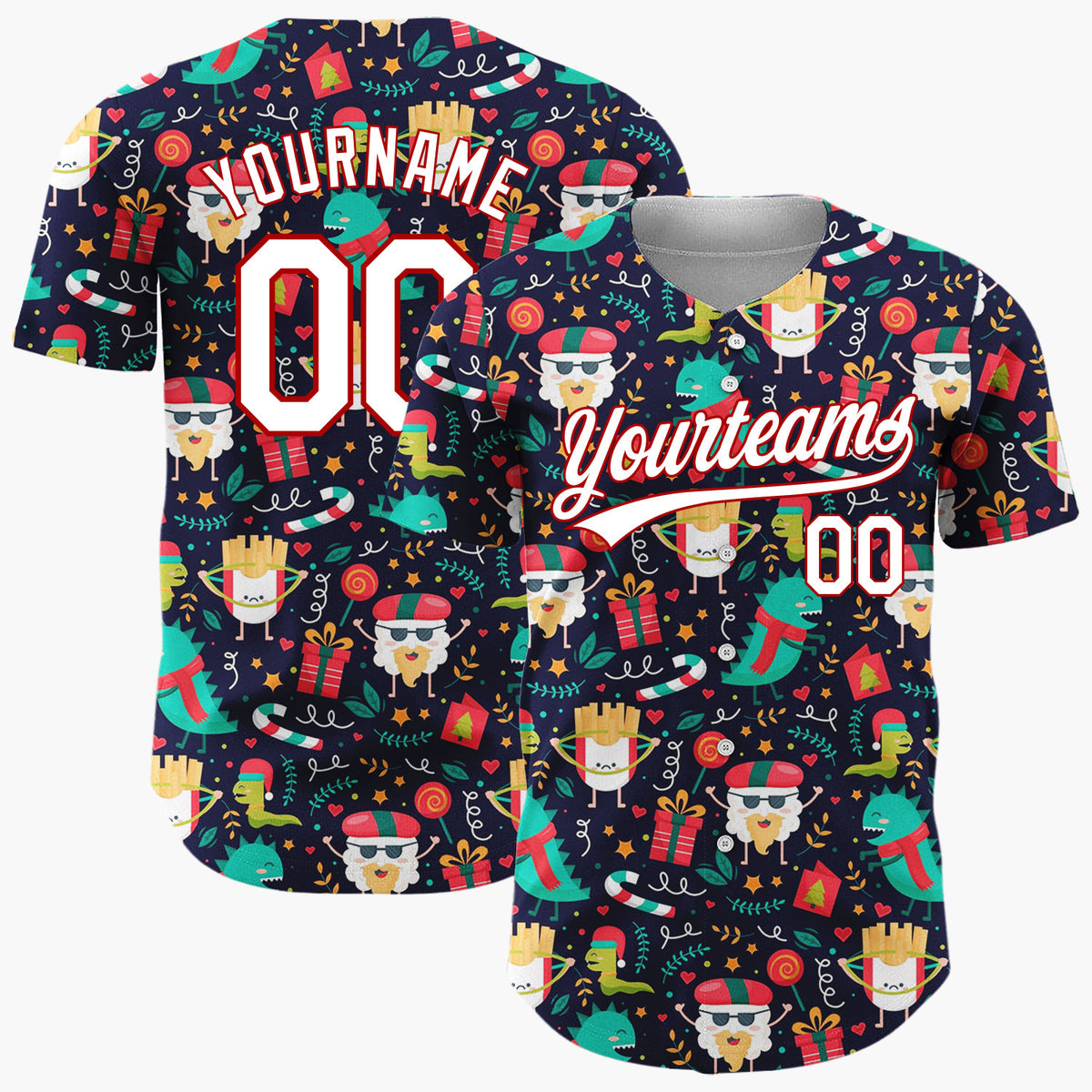 Custom Navy Multicolor Dinosaur Fry Santa Pop Culture Christmas Baseball Jersey