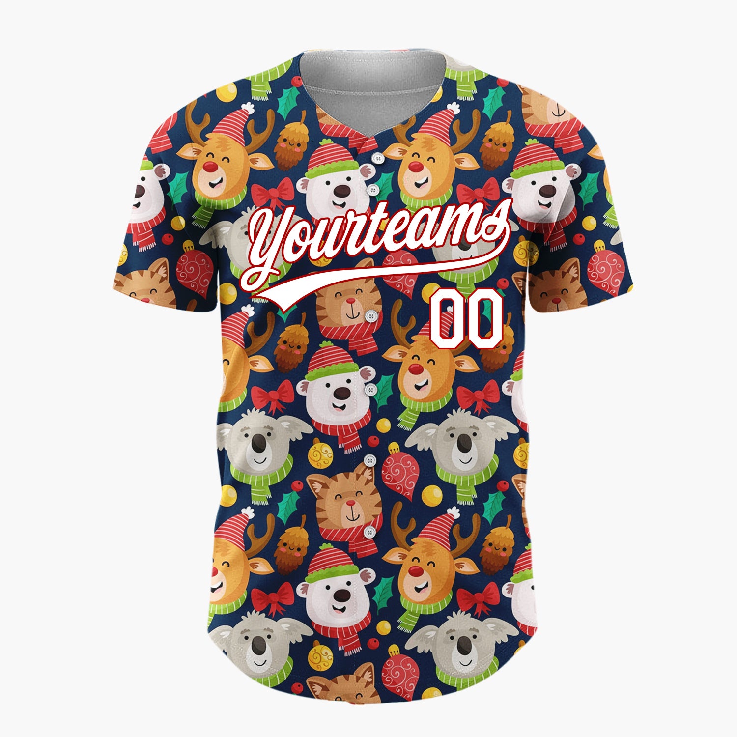 Custom Navy Red Bears Reindeers And Cats With Scarves Cute Holiday Pattern Christmas Baseball Jersey
