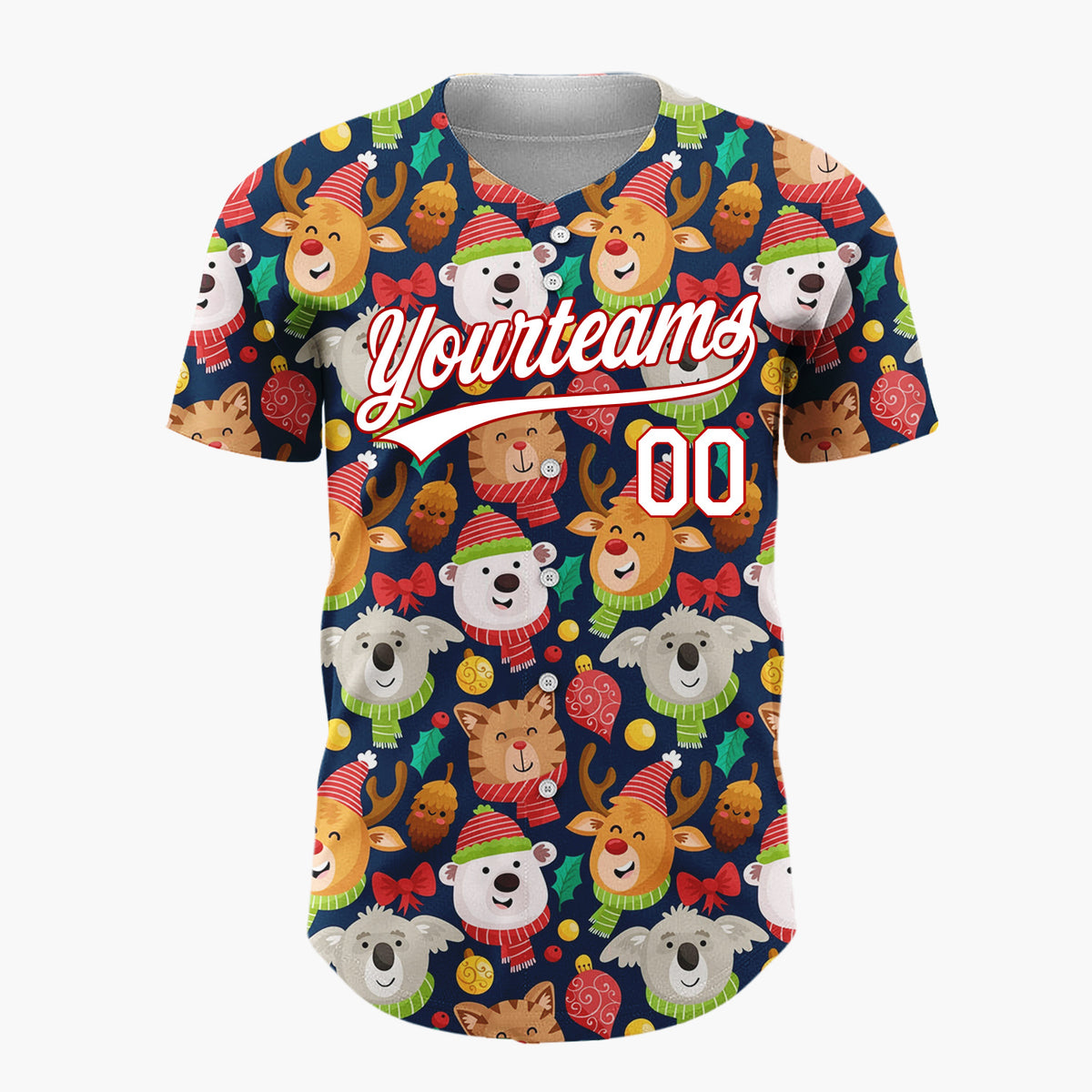 Custom Navy Red Bears Reindeers And Cats With Scarves Cute Holiday Pattern Christmas Baseball Jersey
