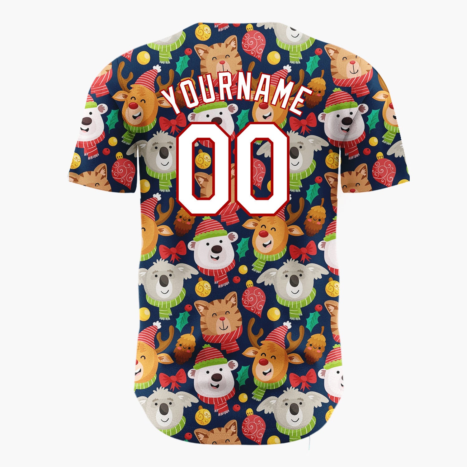 Custom Navy Red Bears Reindeers And Cats With Scarves Cute Holiday Pattern Christmas Baseball Jersey