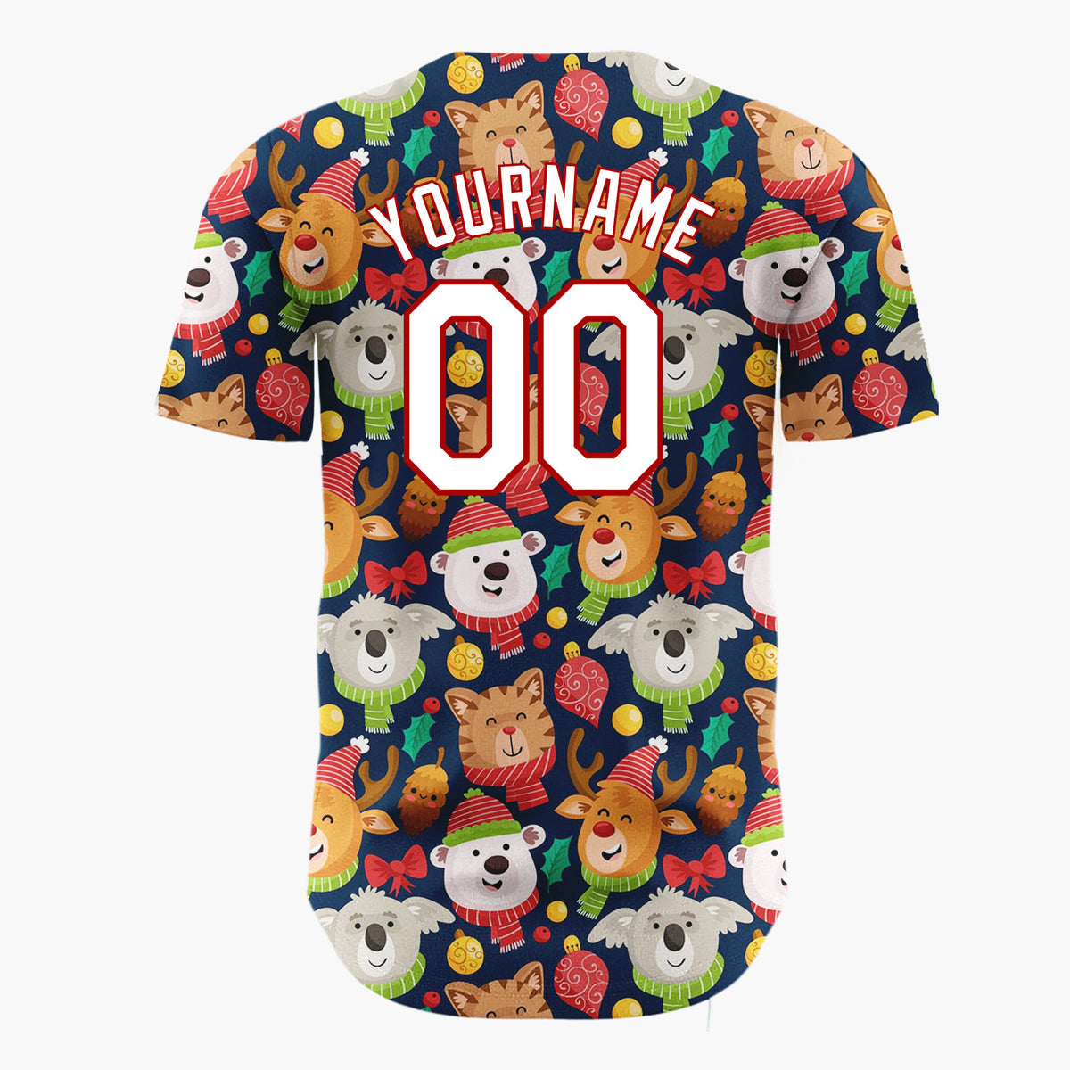Custom Navy Red Bears Reindeers And Cats With Scarves Cute Holiday Pattern Christmas Baseball Jersey