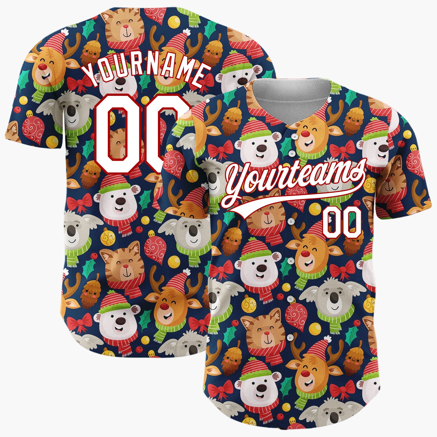 Custom Navy Red Bears Reindeers And Cats With Scarves Cute Holiday Pattern Christmas Baseball Jersey