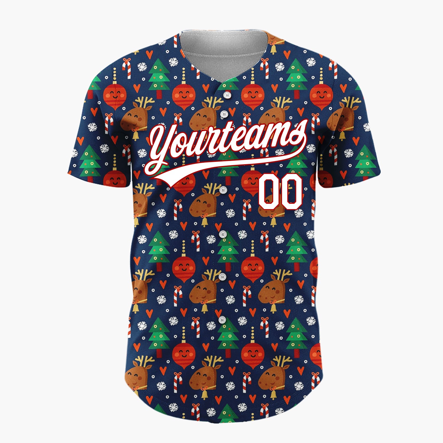Custom Navy Reindeer Trees Candy Canes And Ornaments Cute Christmas Baseball Jersey