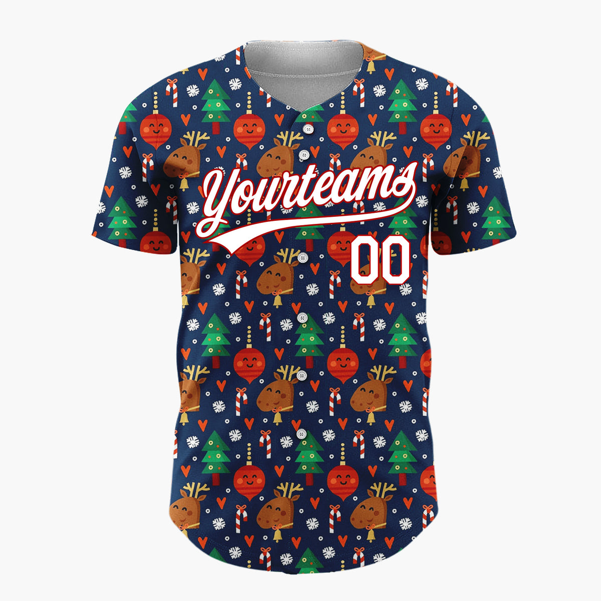 Custom Navy Reindeer Trees Candy Canes And Ornaments Cute Christmas Baseball Jersey