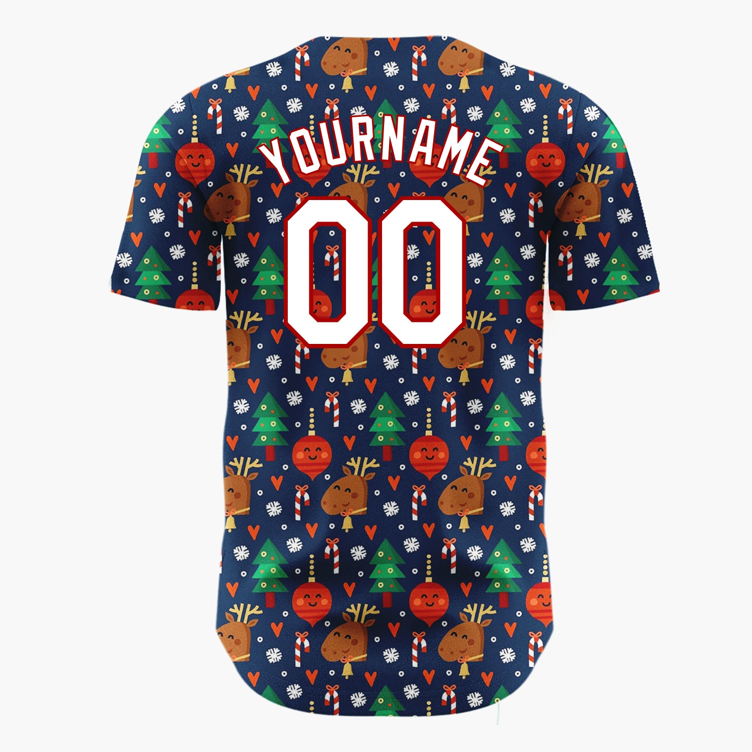 Custom Navy Reindeer Trees Candy Canes And Ornaments Cute Christmas Baseball Jersey