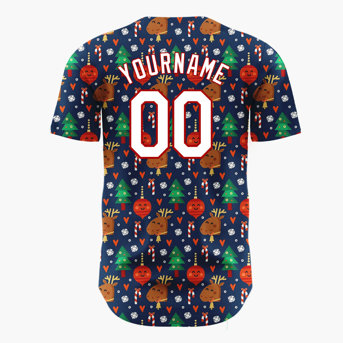 Custom Navy Reindeer Trees Candy Canes And Ornaments Cute Christmas Baseball Jersey