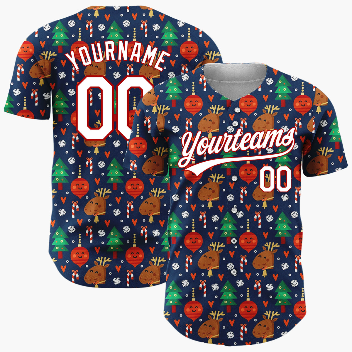Custom Navy Reindeer Trees Candy Canes And Ornaments Cute Christmas Baseball Jersey