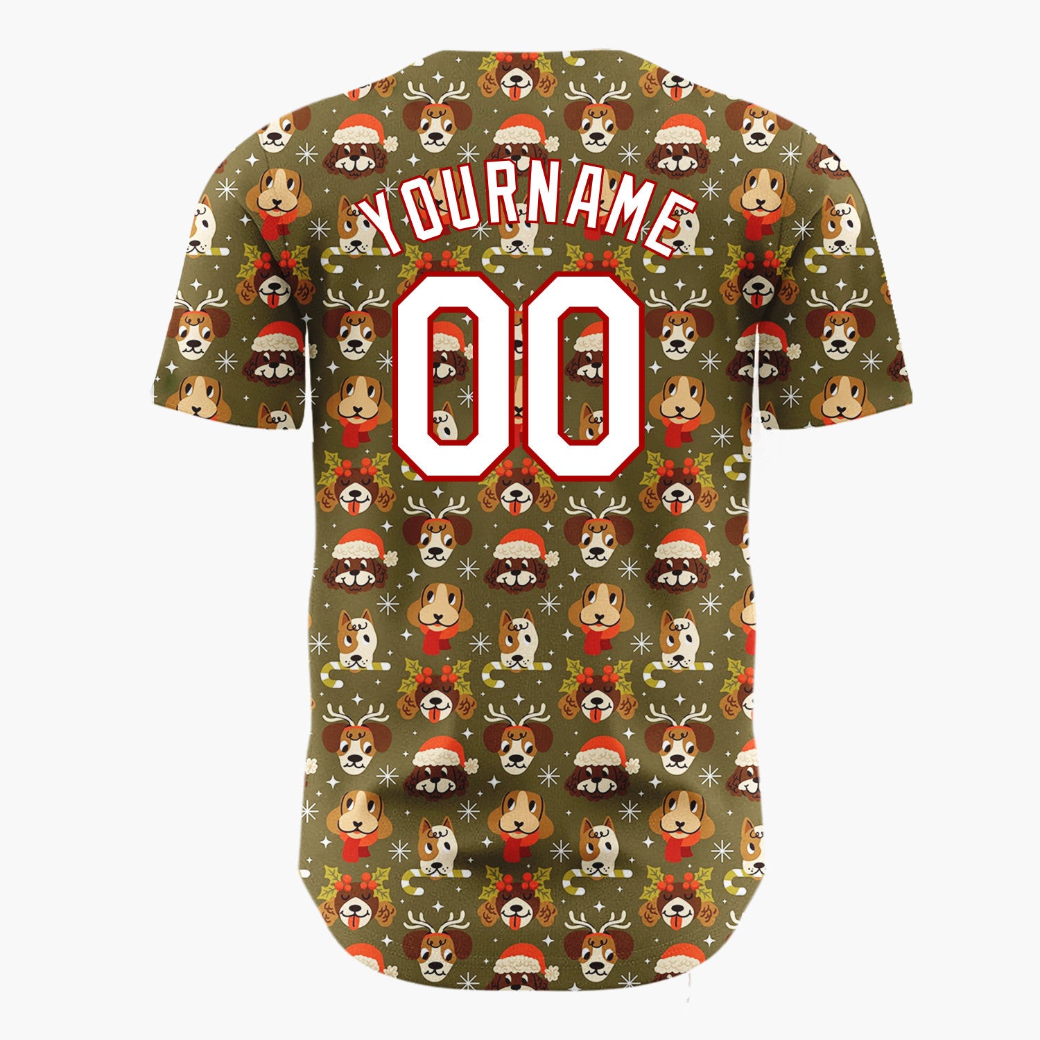 Custom Olive Green Brown Holiday Dogs Cute Pet Pattern Christmas Baseball Jersey