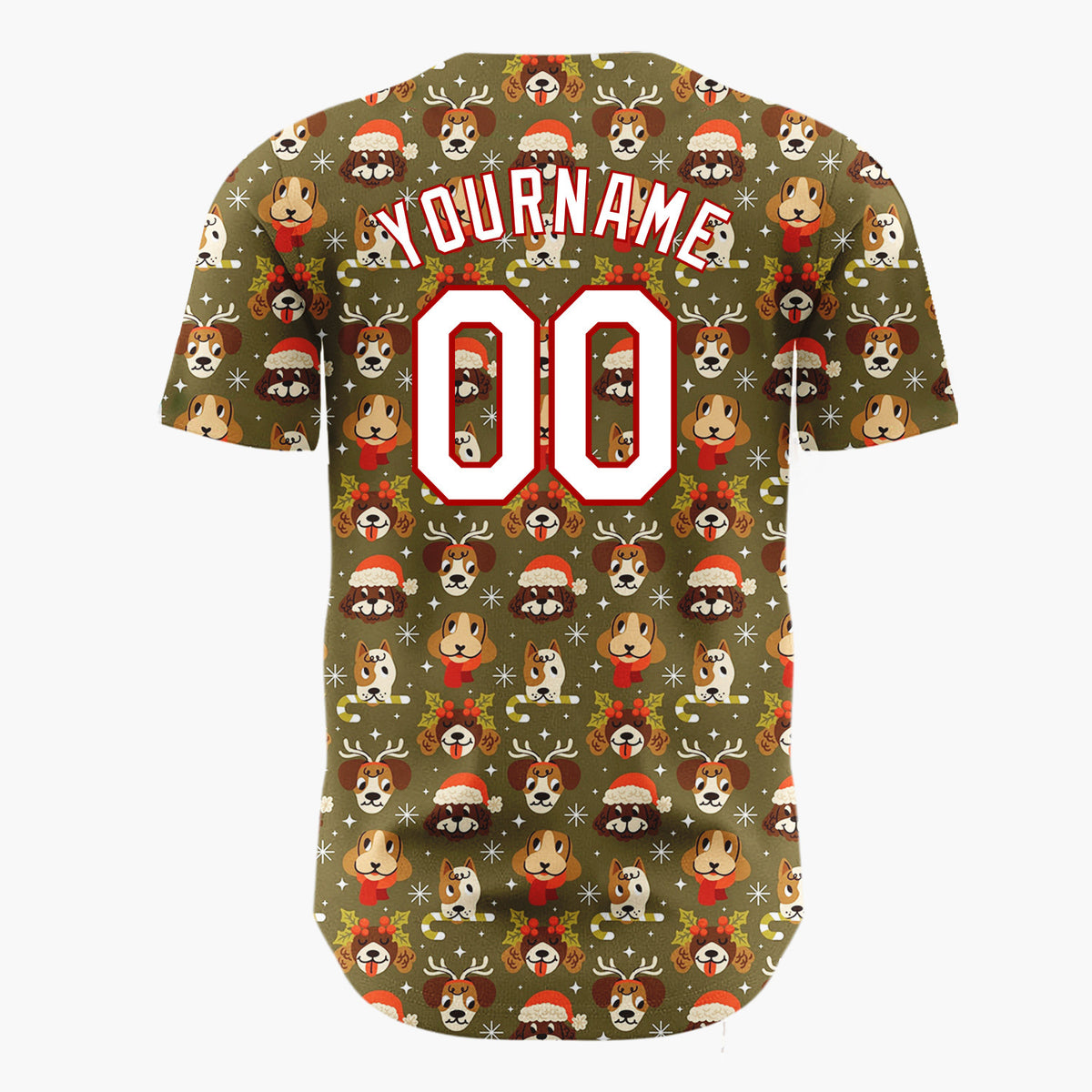 Custom Olive Green Brown Holiday Dogs Cute Pet Pattern Christmas Baseball Jersey