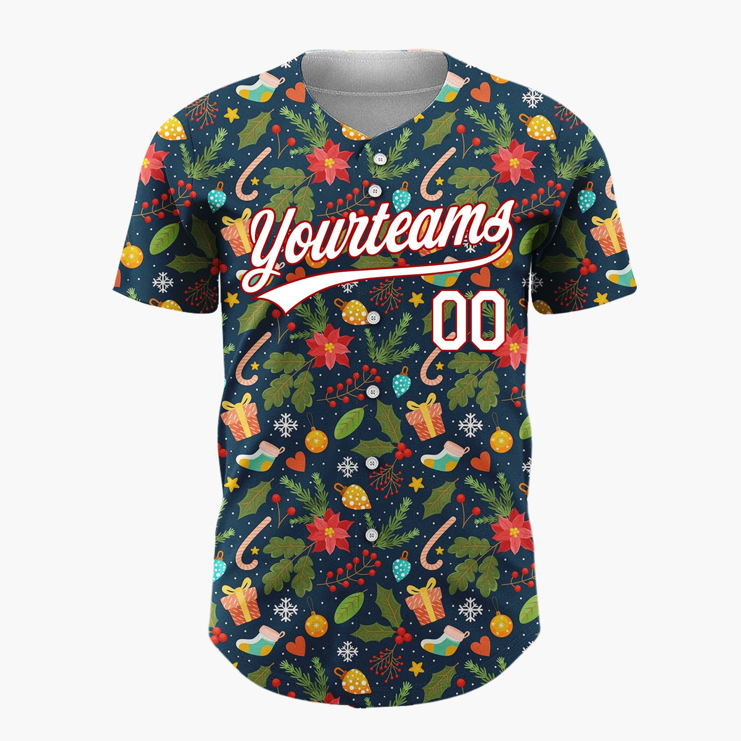 Custom Navy Red Poinsettias Gifts And Candy Canes Festive Christmas Baseball Jersey