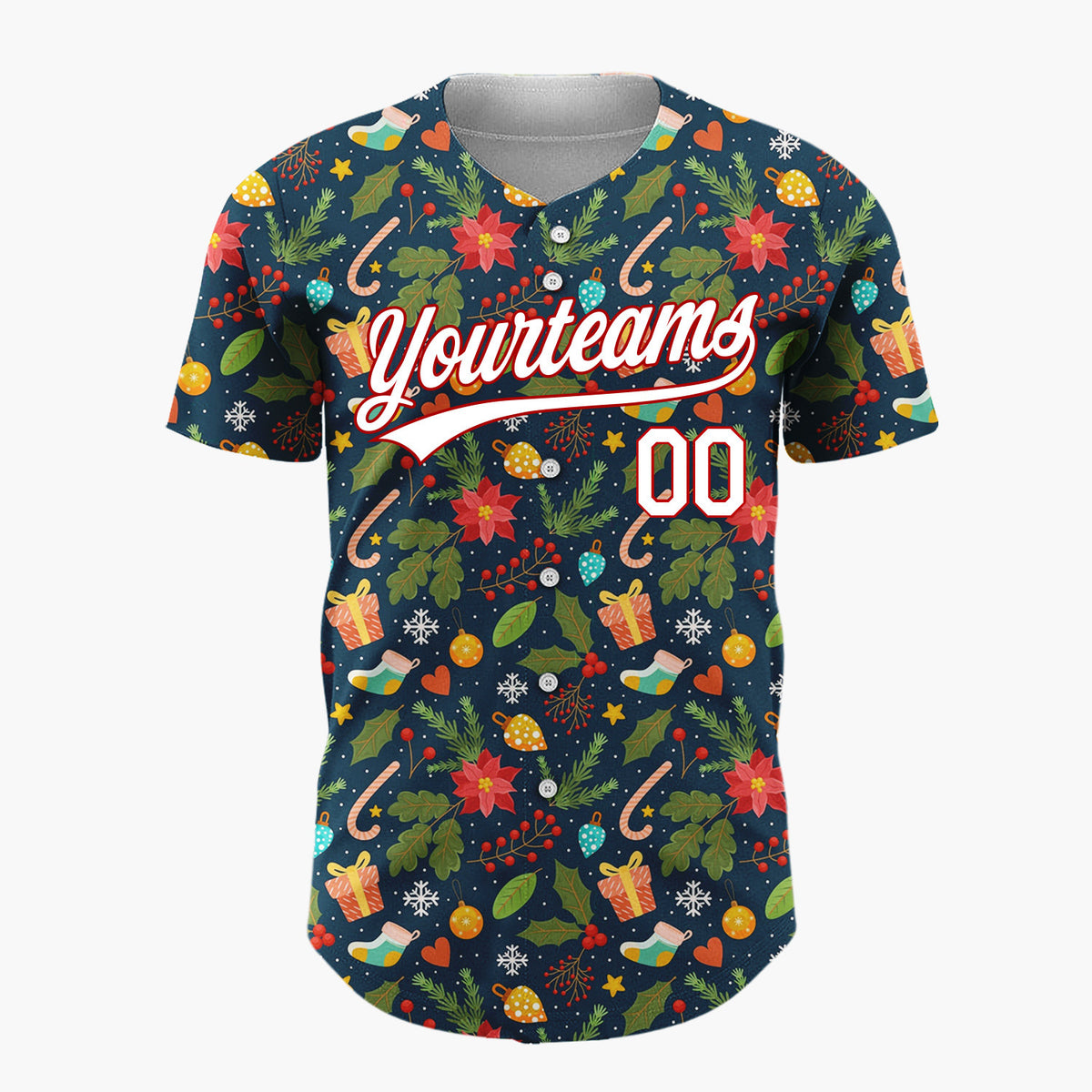 Custom Navy Red Poinsettias Gifts And Candy Canes Festive Christmas Baseball Jersey
