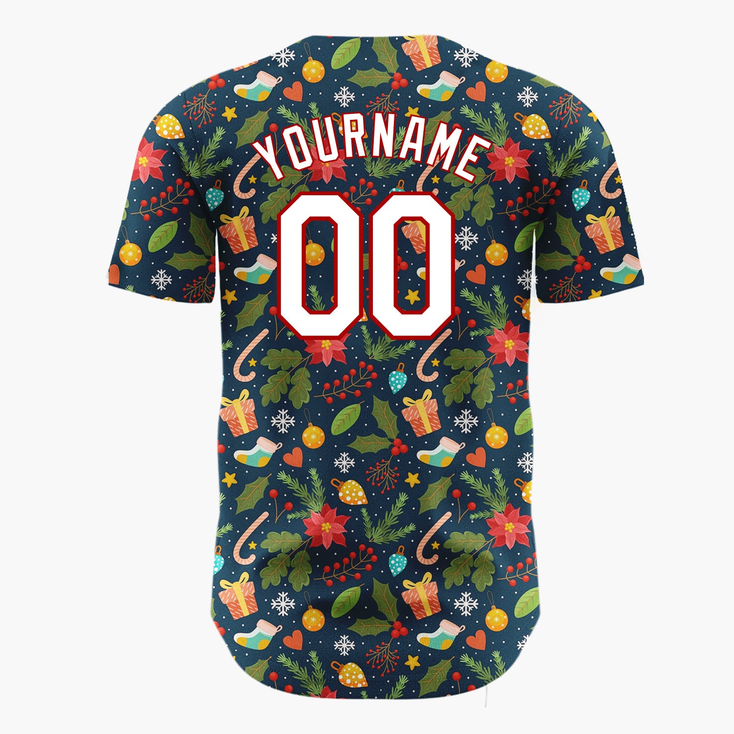 Custom Navy Red Poinsettias Gifts And Candy Canes Festive Christmas Baseball Jersey