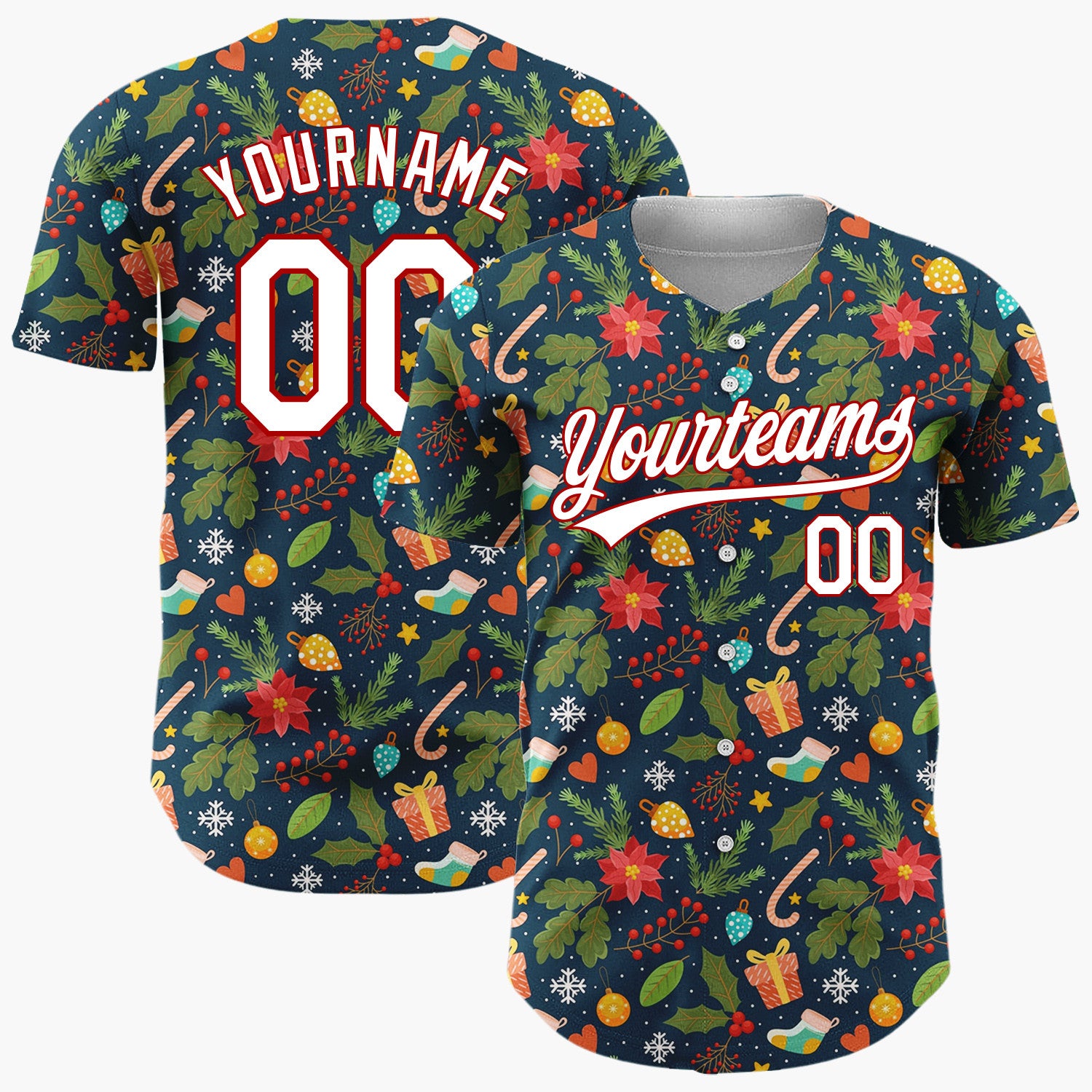 Custom Navy Red Poinsettias Gifts And Candy Canes Festive Christmas Baseball Jersey