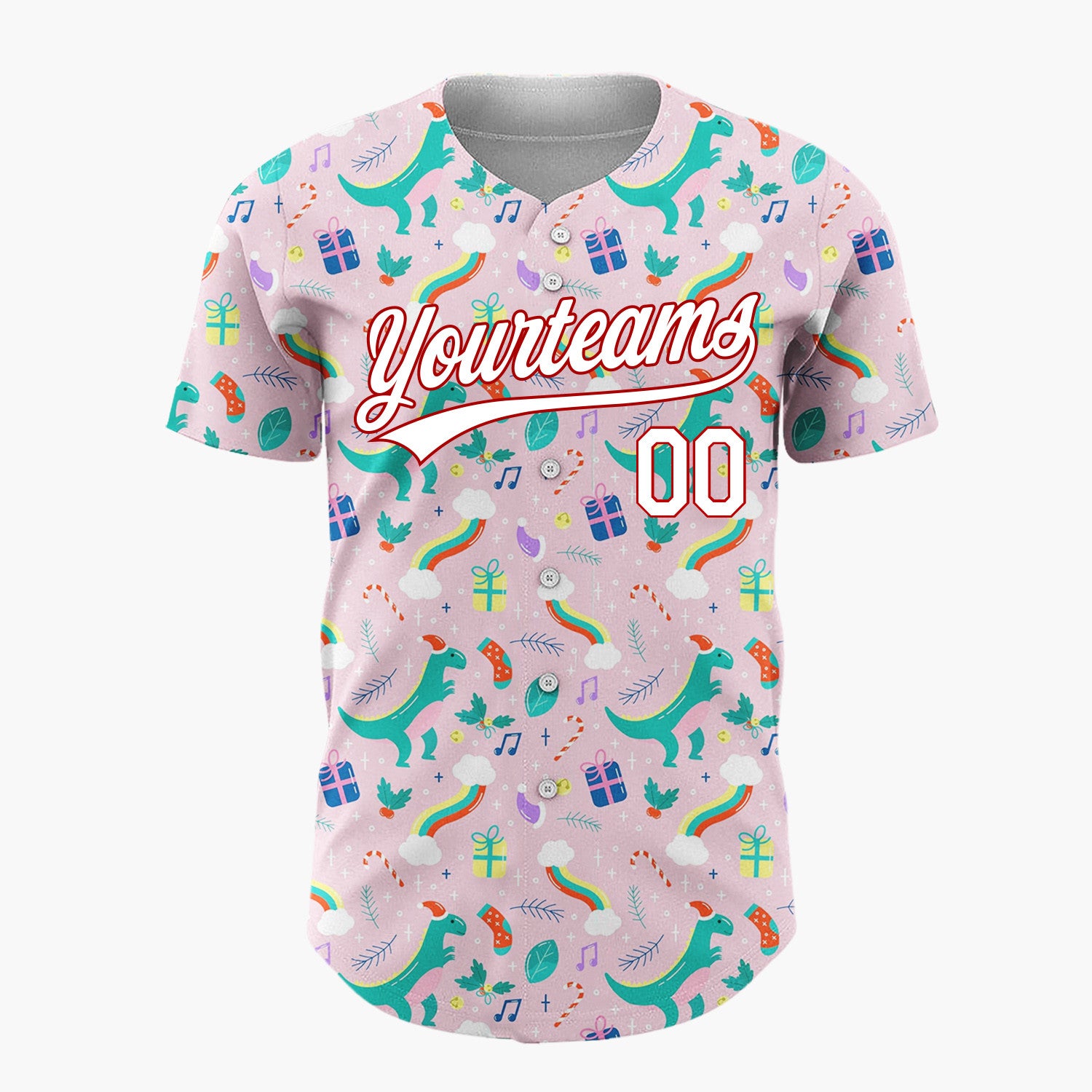 Custom Pink Green Dinosaurs With Gifts And Rainbows Fun Christmas Baseball Jersey