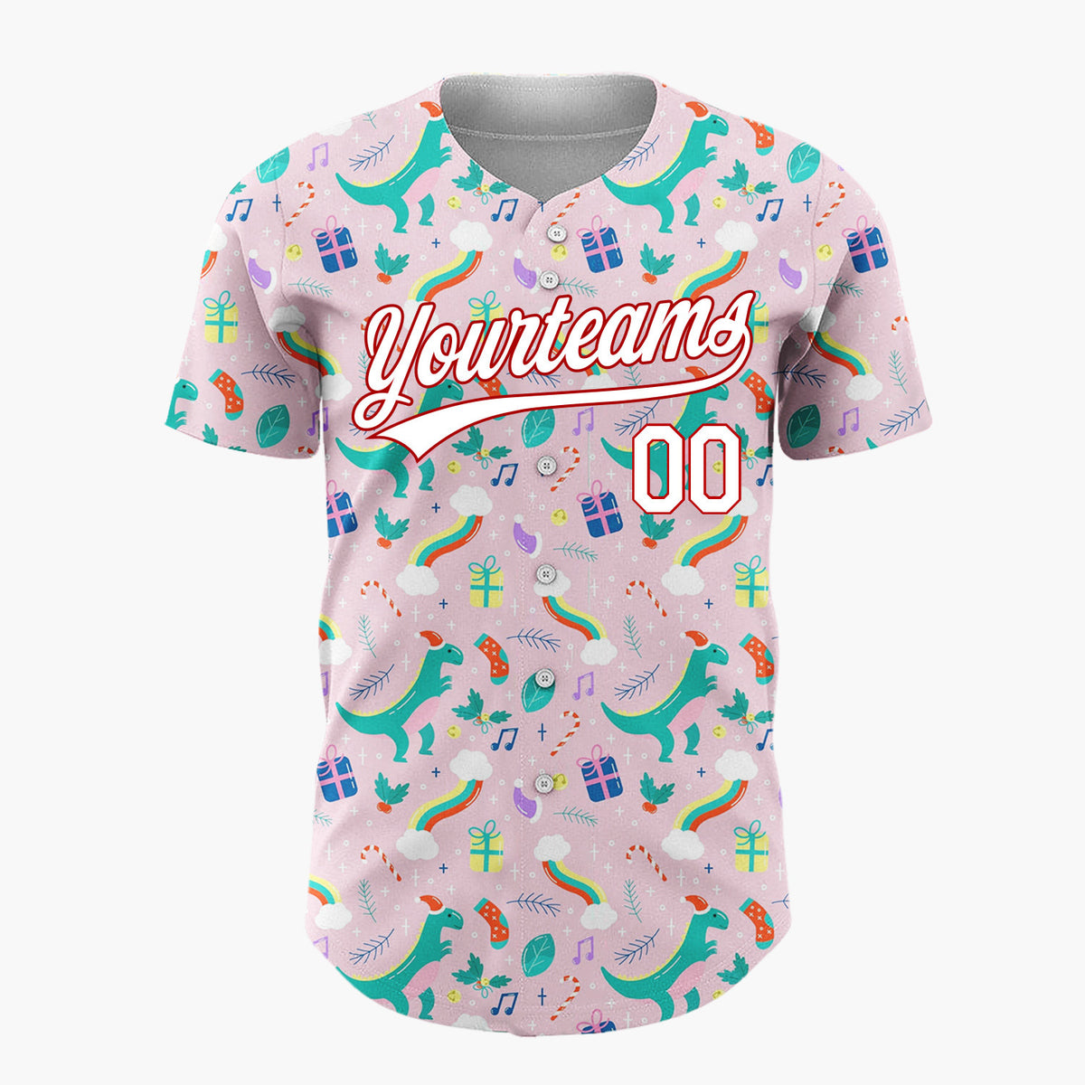Custom Pink Green Dinosaurs With Gifts And Rainbows Fun Christmas Baseball Jersey
