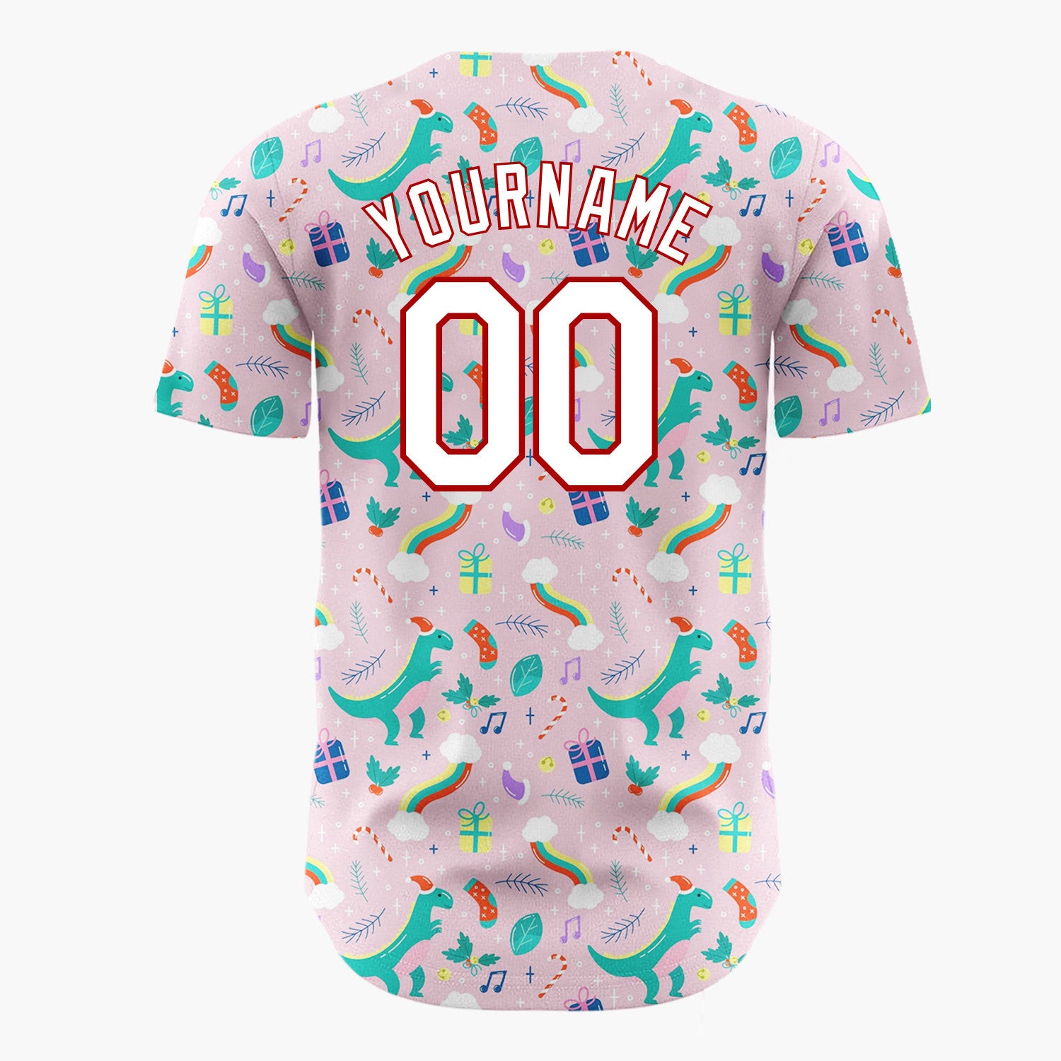 Custom Pink Green Dinosaurs With Gifts And Rainbows Fun Christmas Baseball Jersey