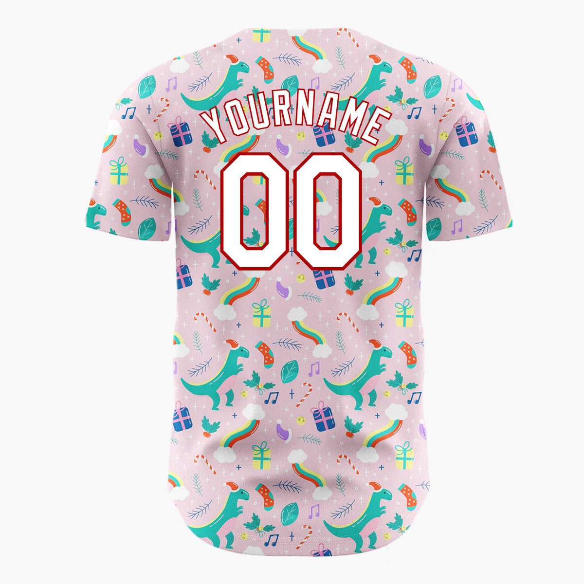Custom Pink Green Dinosaurs With Gifts And Rainbows Fun Christmas Baseball Jersey