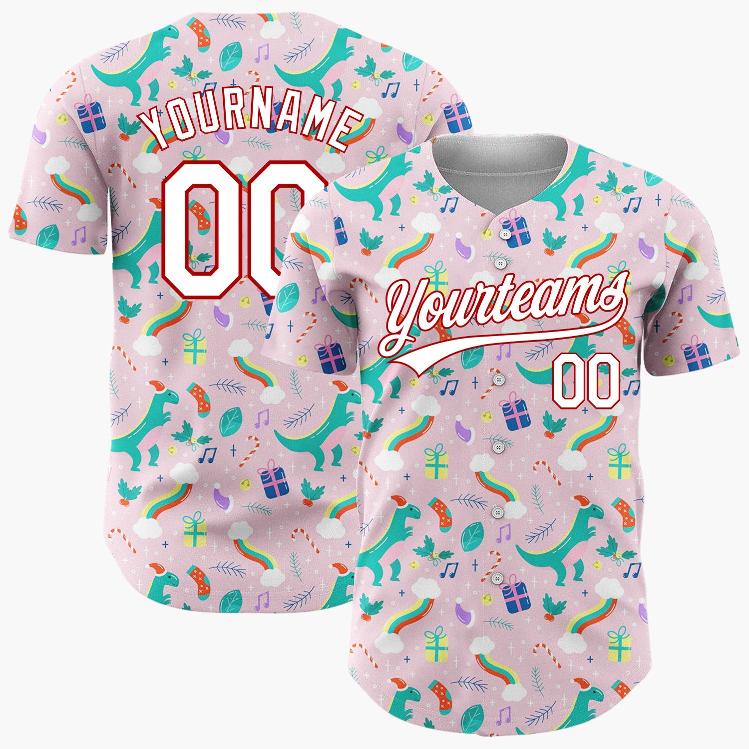 Custom Pink Green Dinosaurs With Gifts And Rainbows Fun Christmas Baseball Jersey