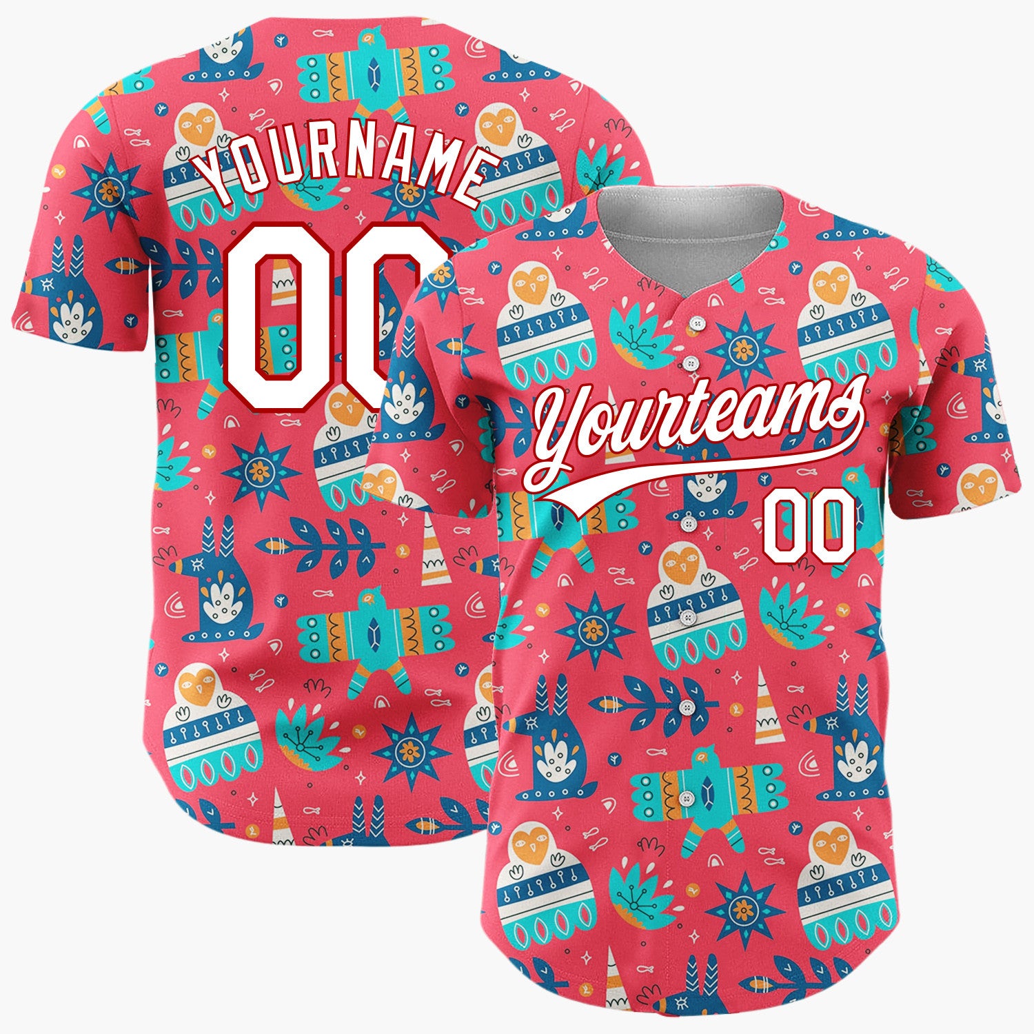 Custom Red Blue Birds Stars And Leaves Folk Art Christmas Baseball Jersey