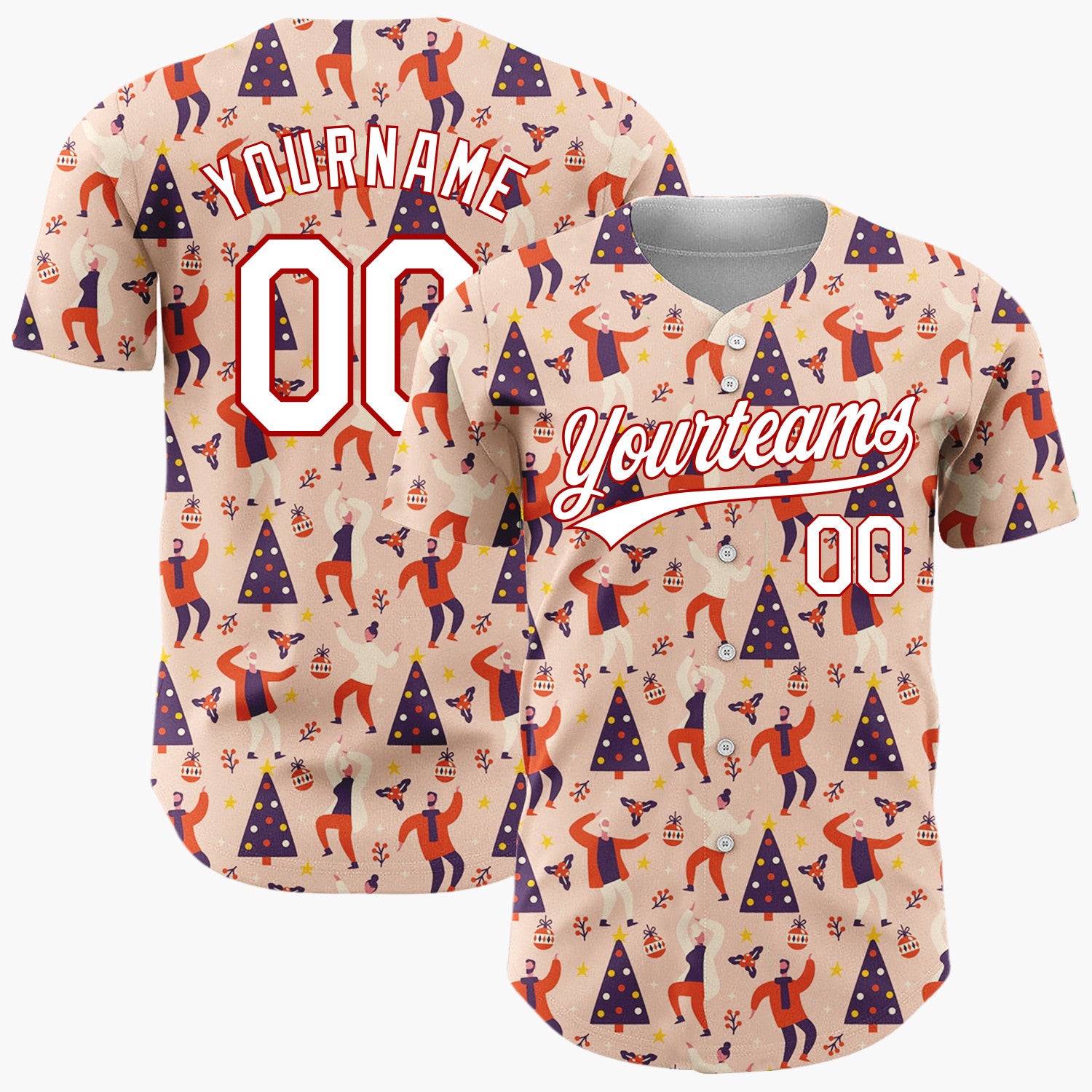 Custom Pink Red Dancing People Christmas Tree Abstract Pattern Christmas Baseball Jersey