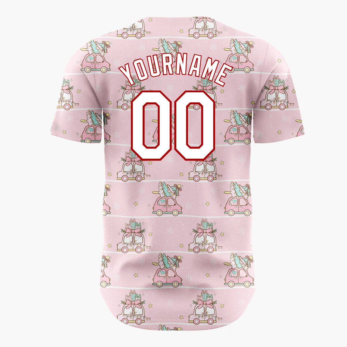 Custom Pink Striped Vintage Cars With Christmas Trees Kawaii Pattern Christmas Baseball Jersey