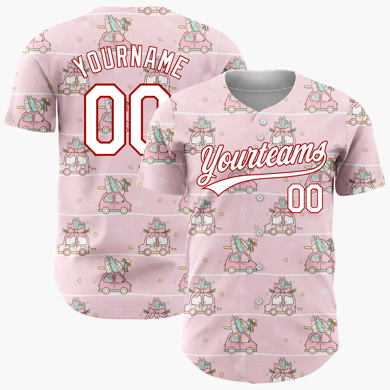 Custom Pink Striped Vintage Cars With Christmas Trees Kawaii Pattern Christmas Baseball Jersey