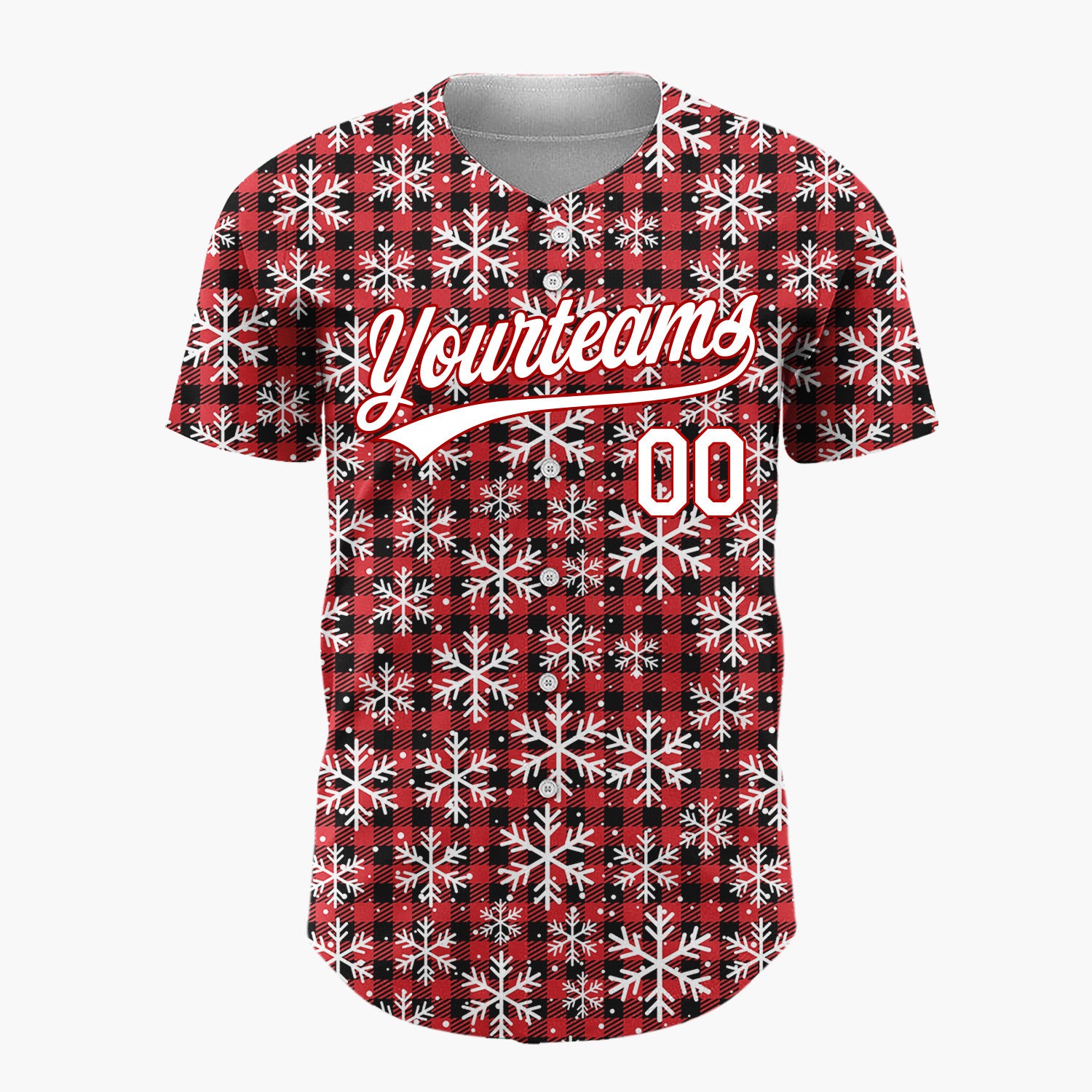Custom Red Black Snowflakes Buffalo Plaid Pattern Christmas Baseball Jersey