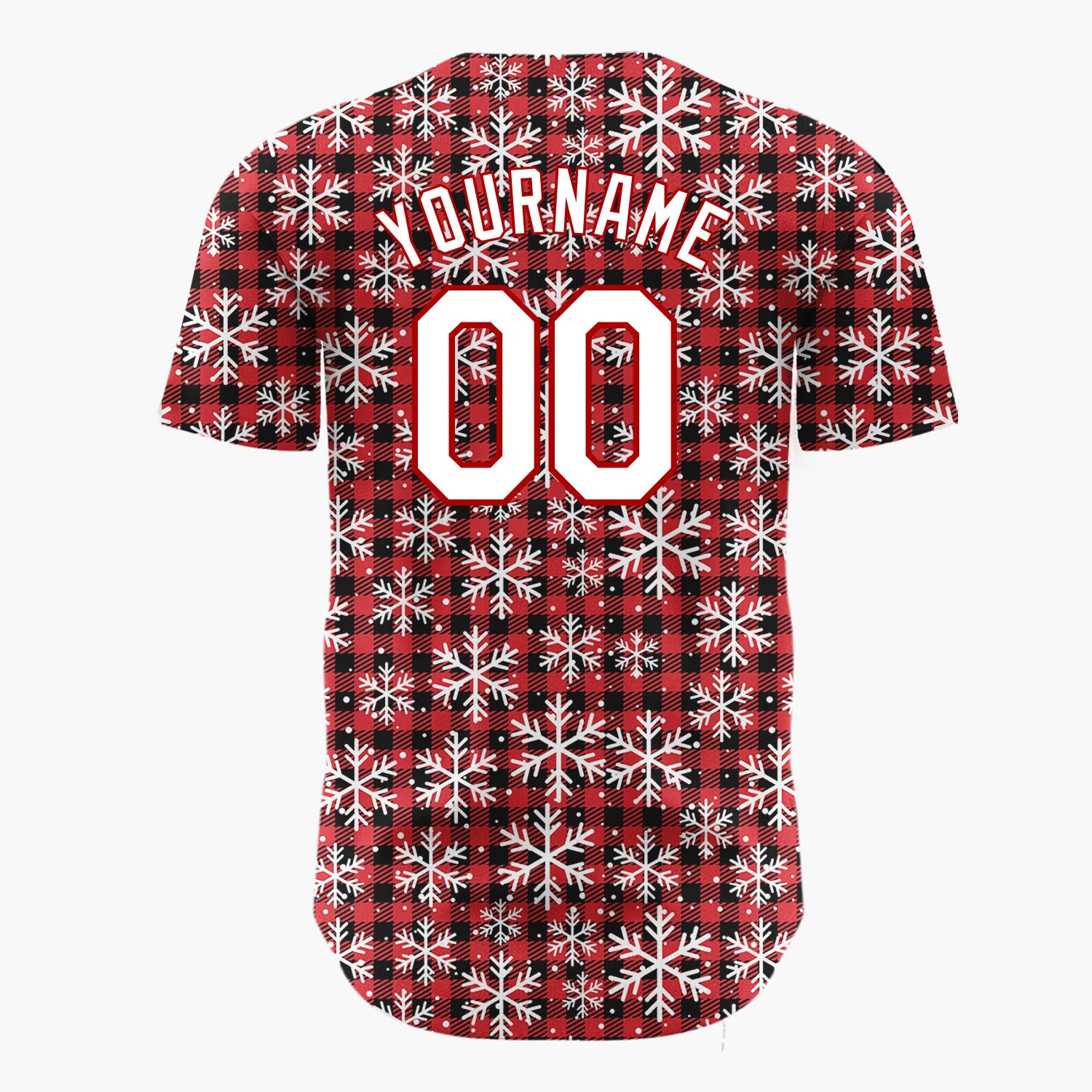Custom Red Black Snowflakes Buffalo Plaid Pattern Christmas Baseball Jersey