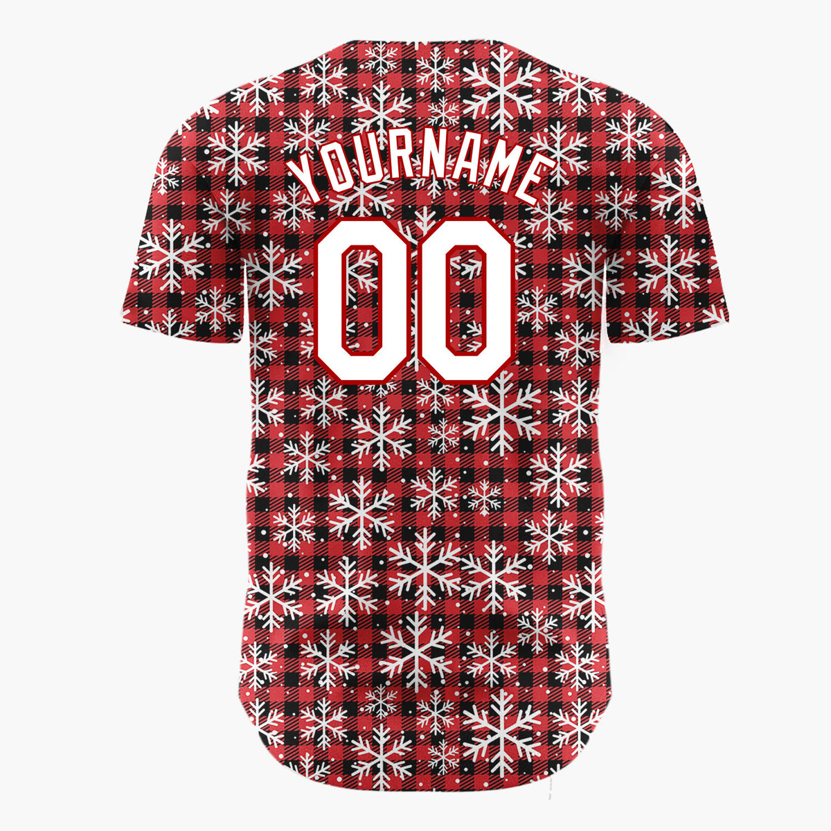 Custom Red Black Snowflakes Buffalo Plaid Pattern Christmas Baseball Jersey