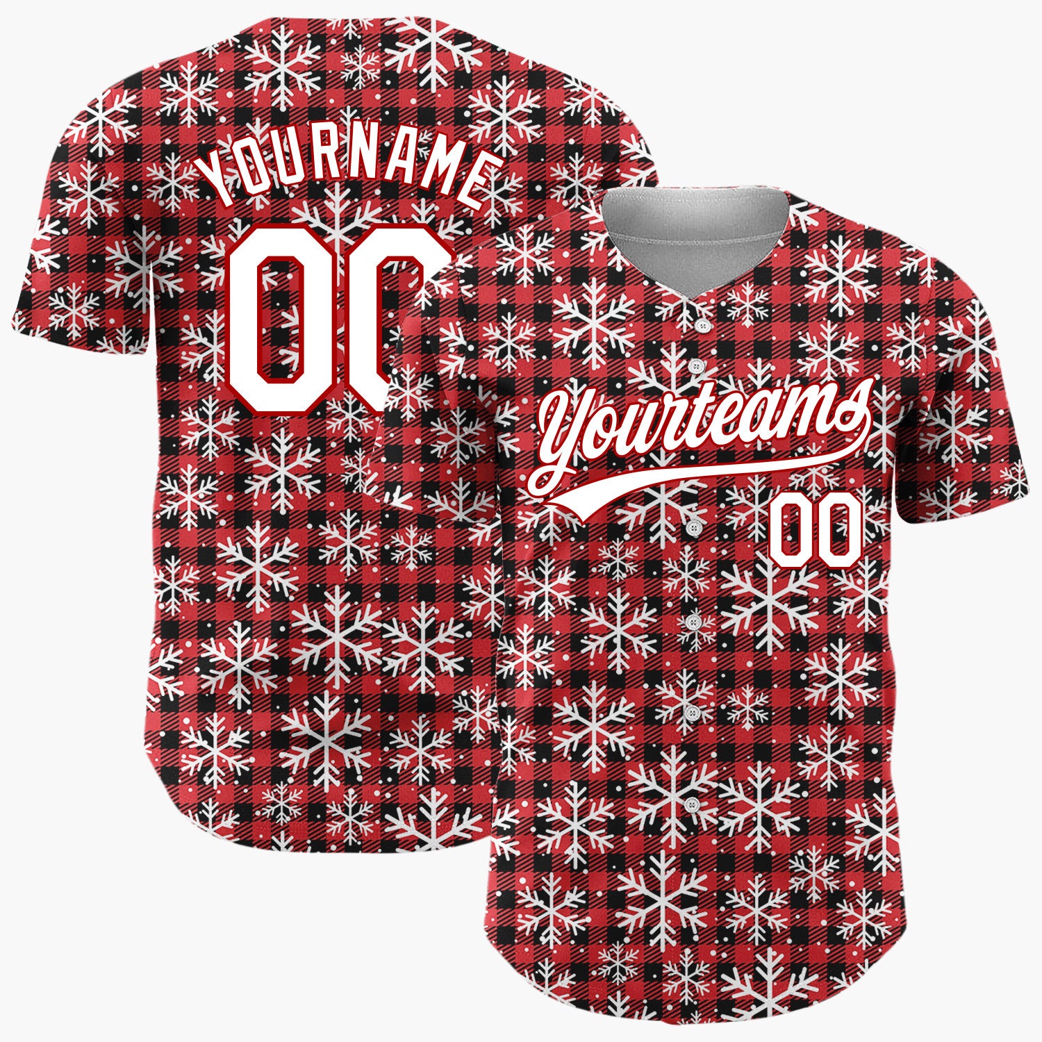 Custom Red Black Snowflakes Buffalo Plaid Pattern Christmas Baseball Jersey