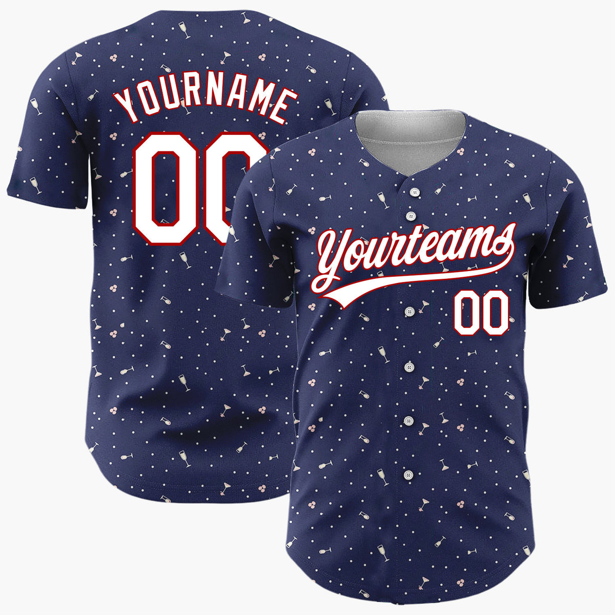 Custom Navy Pink White Champagne Glasses And Confetti New Year Celebration Pattern Christmas Baseball Jersey