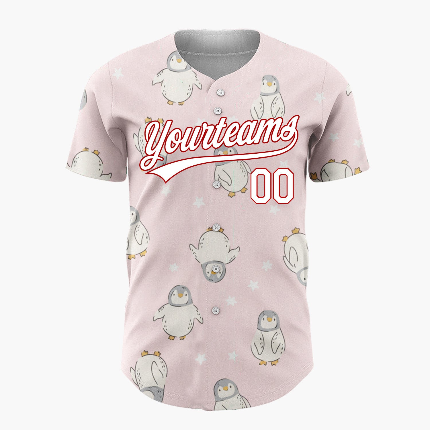 Custom Pink White Baby Penguins With Stars Adorable Winter Pattern Christmas Baseball Jersey