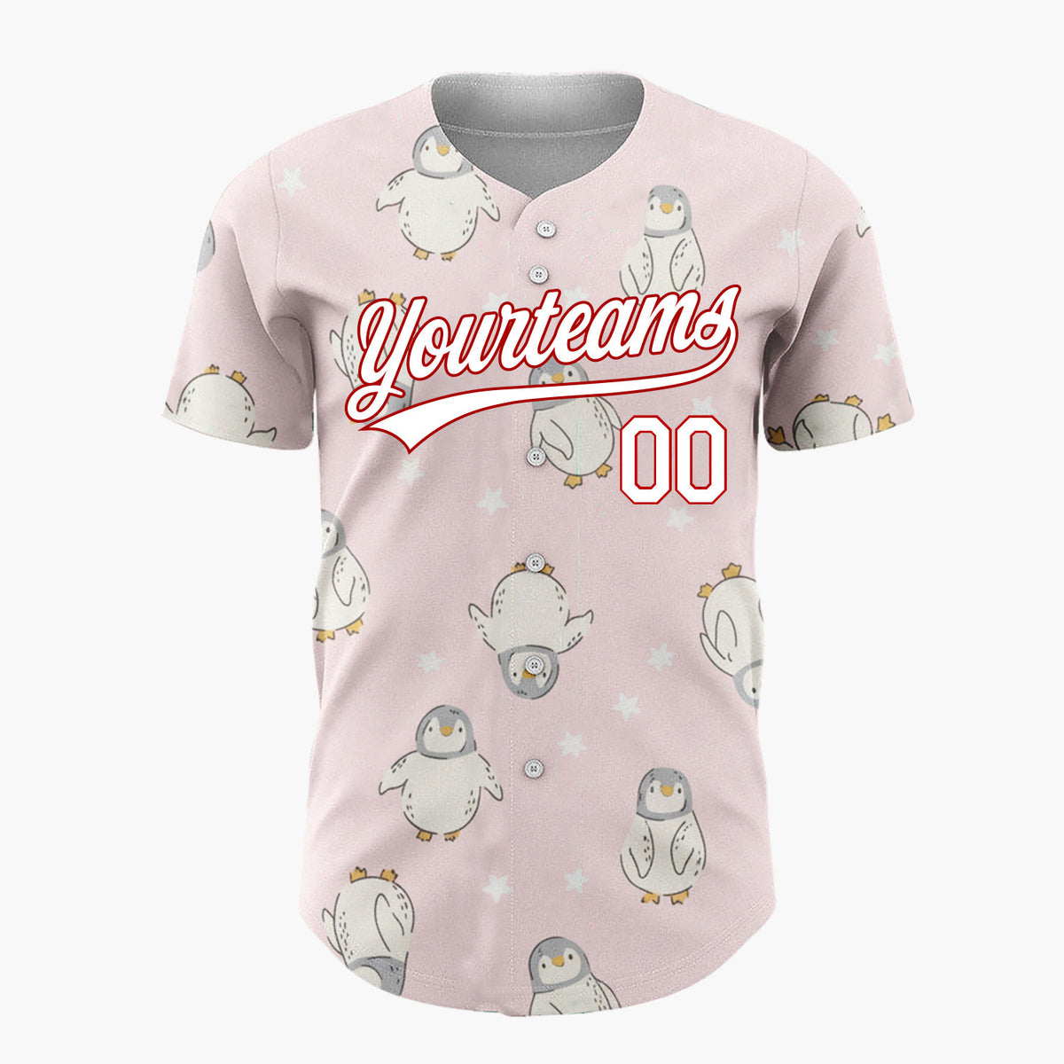 Custom Pink White Baby Penguins With Stars Adorable Winter Pattern Christmas Baseball Jersey