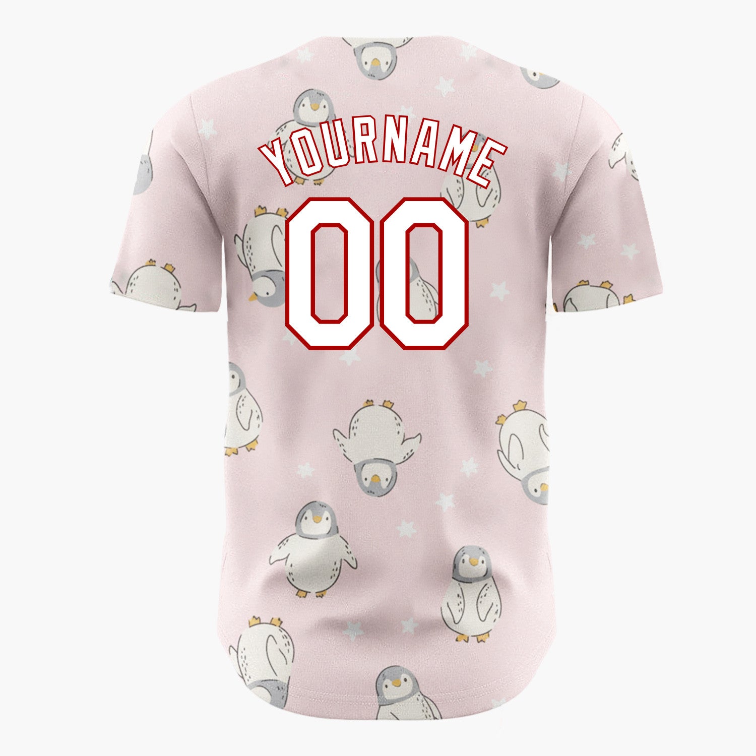 Custom Pink White Baby Penguins With Stars Adorable Winter Pattern Christmas Baseball Jersey