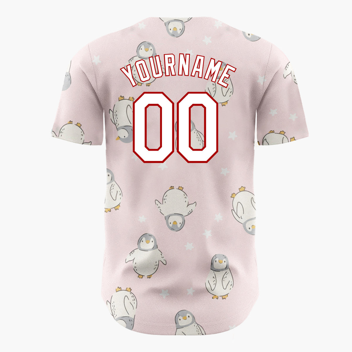 Custom Pink White Baby Penguins With Stars Adorable Winter Pattern Christmas Baseball Jersey