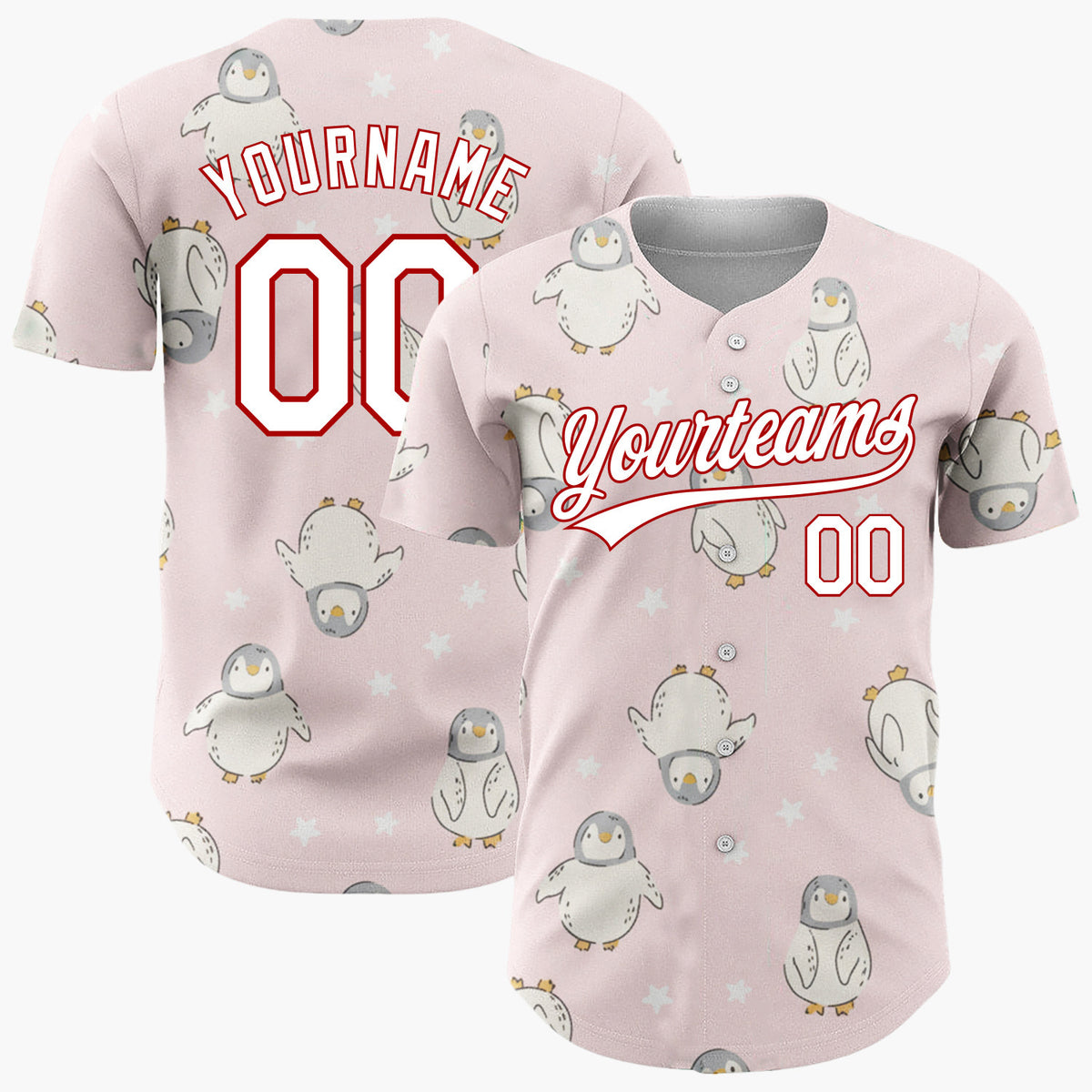 Custom Pink White Baby Penguins With Stars Adorable Winter Pattern Christmas Baseball Jersey