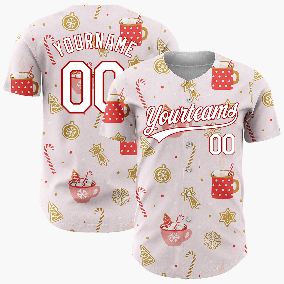 Custom Pink Hot Chocolate Candy Cane Cute Christmas Baseball Jersey