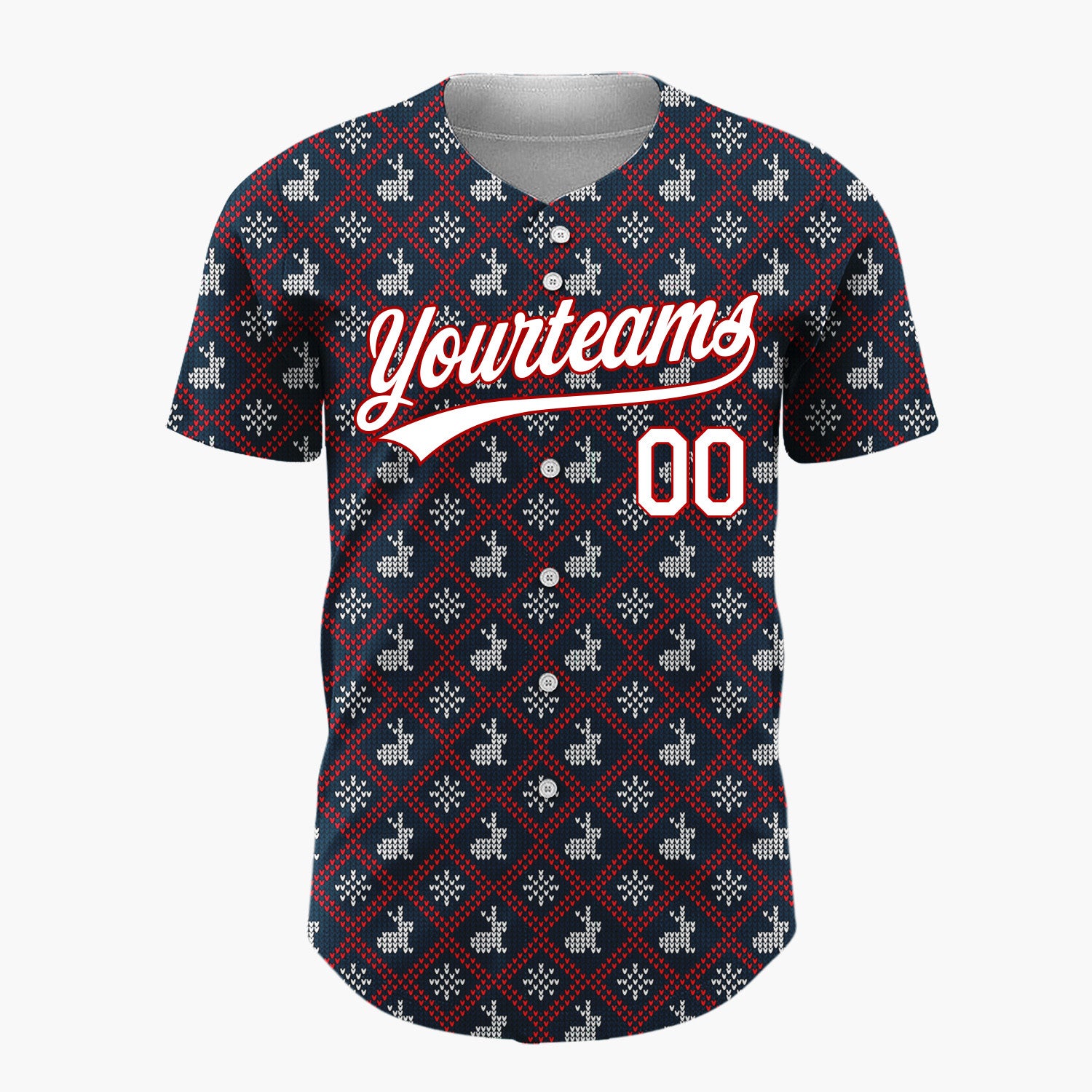 Custom Navy Red And White Reindeer Sweater Knit Pattern Christmas Baseball Jersey